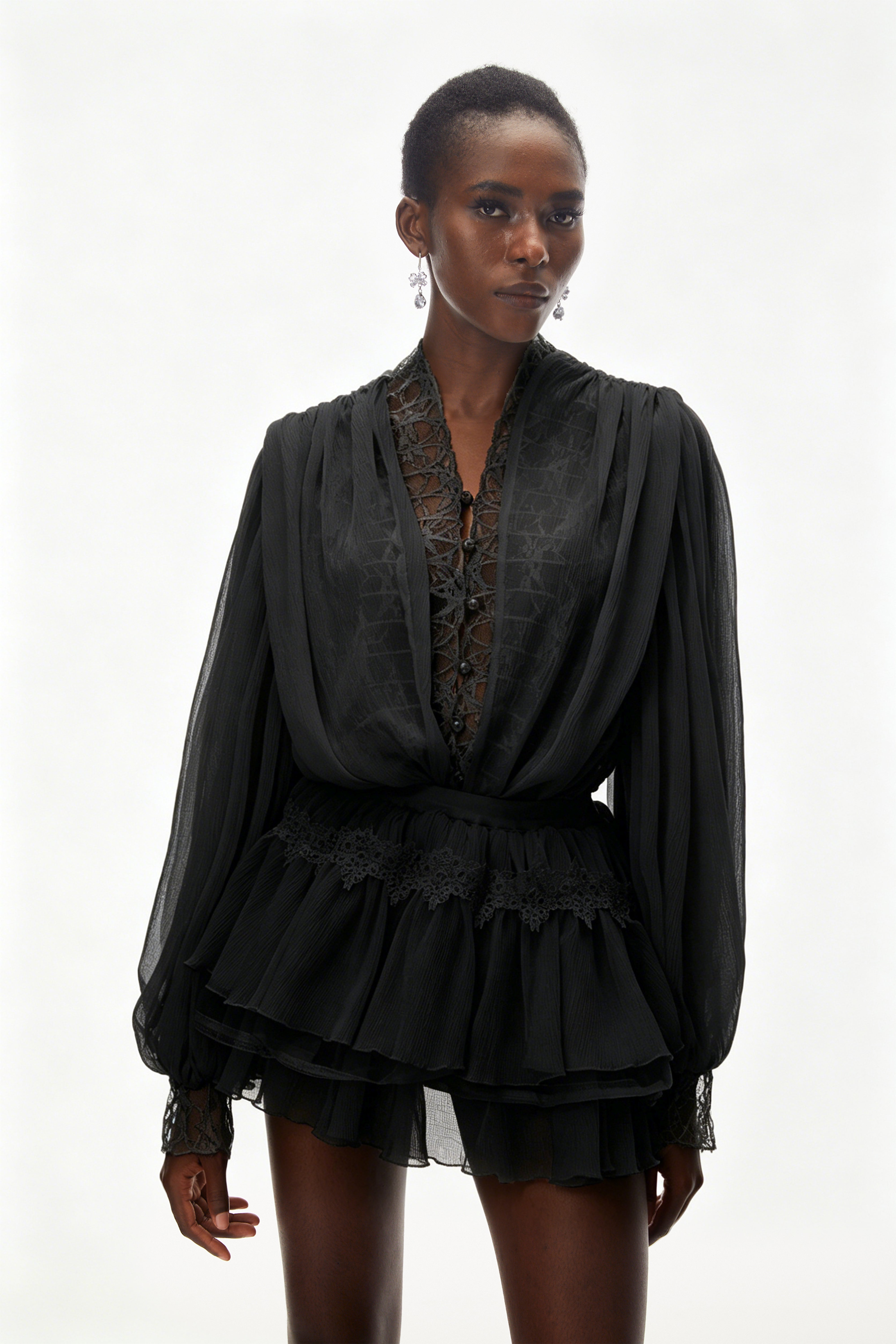 Sophie Black Lace Trim Blouse & Tiered Skirt Set