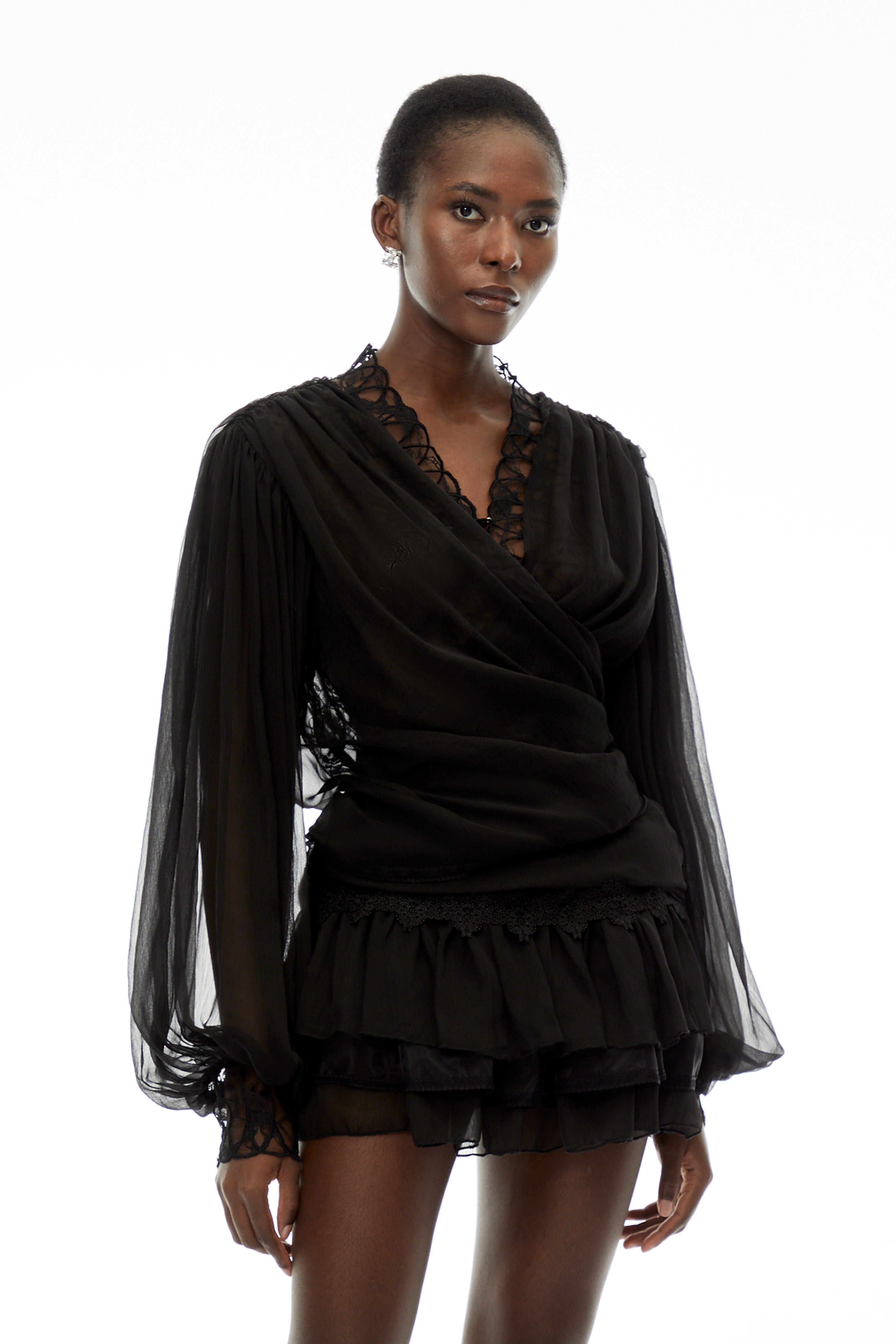 Sophie Black Lace Trim Blouse & Tiered Skirt Set