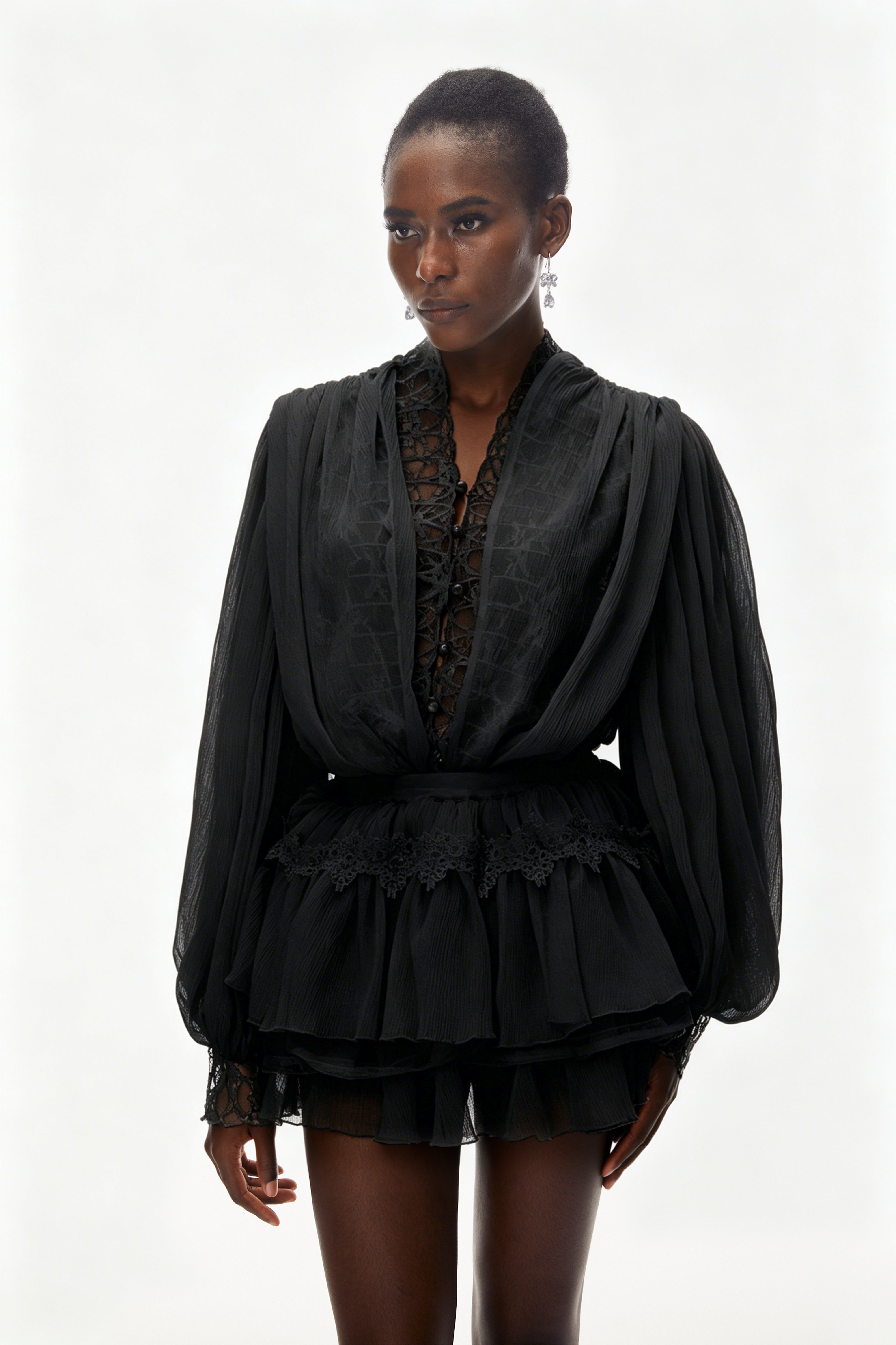 Sophie Black Lace Trim Blouse & Tiered Skirt Set