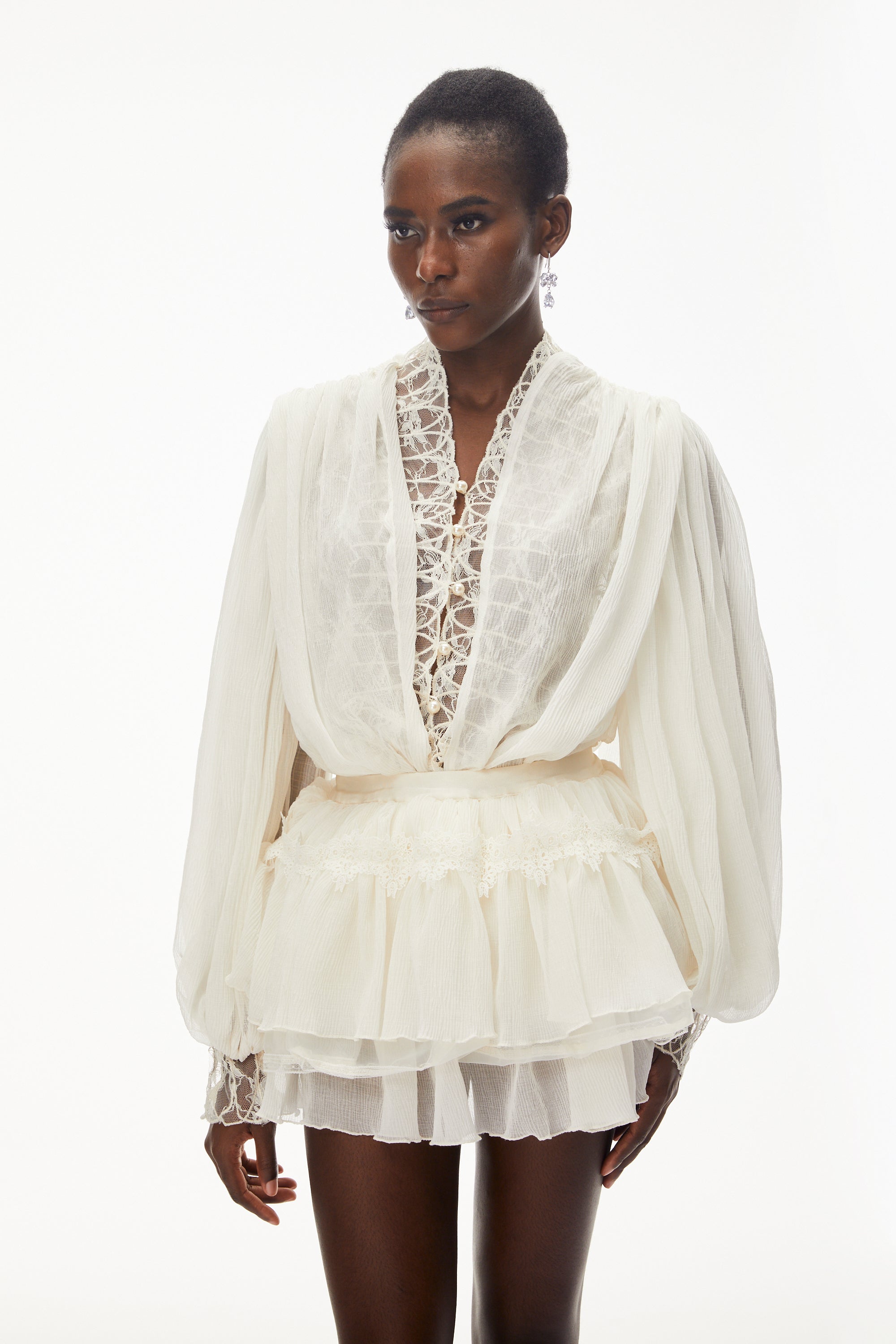 Sophie White Lace Trim Blouse & Tiered Skirt Set