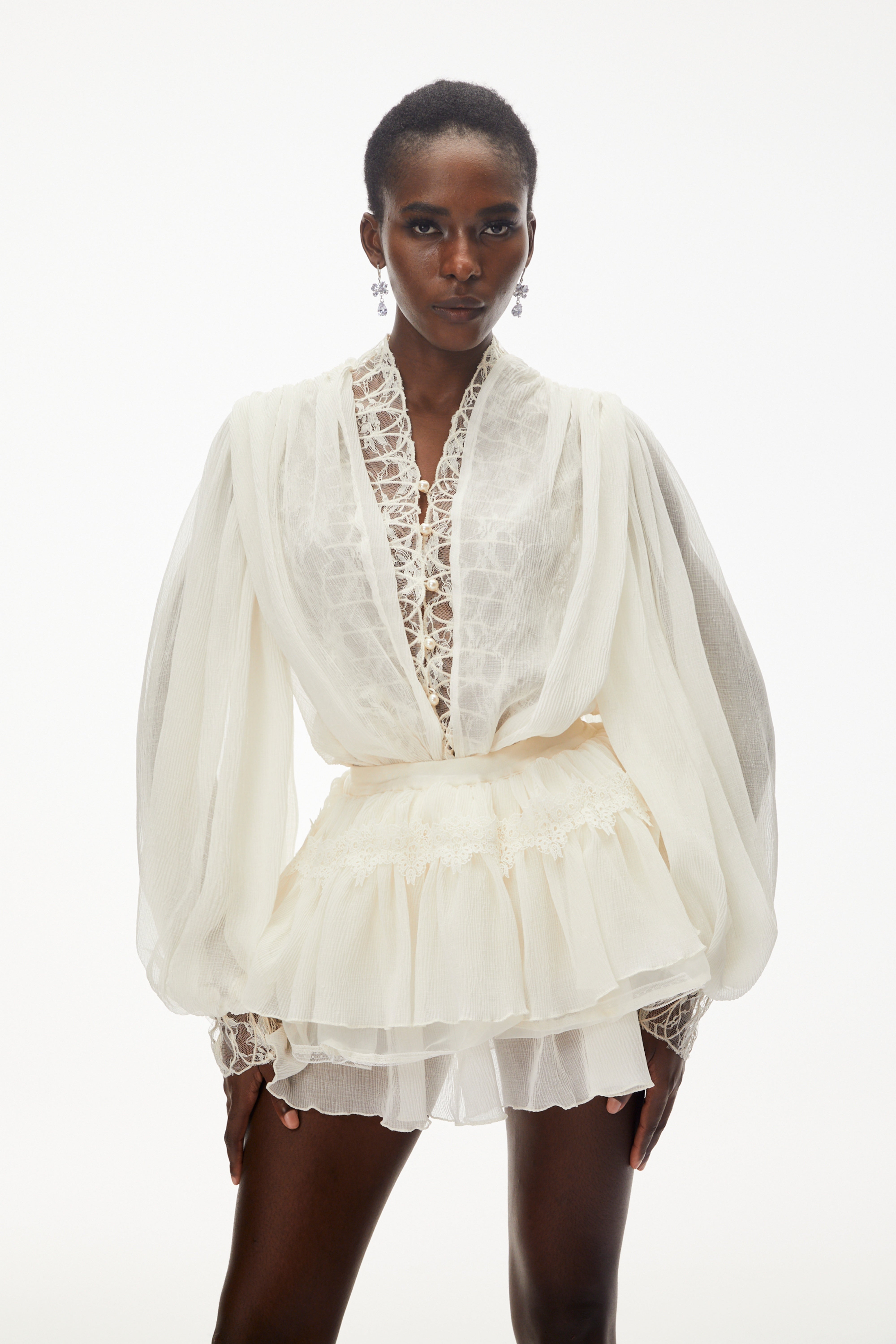 Sophie White Lace Trim Blouse & Tiered Skirt Set