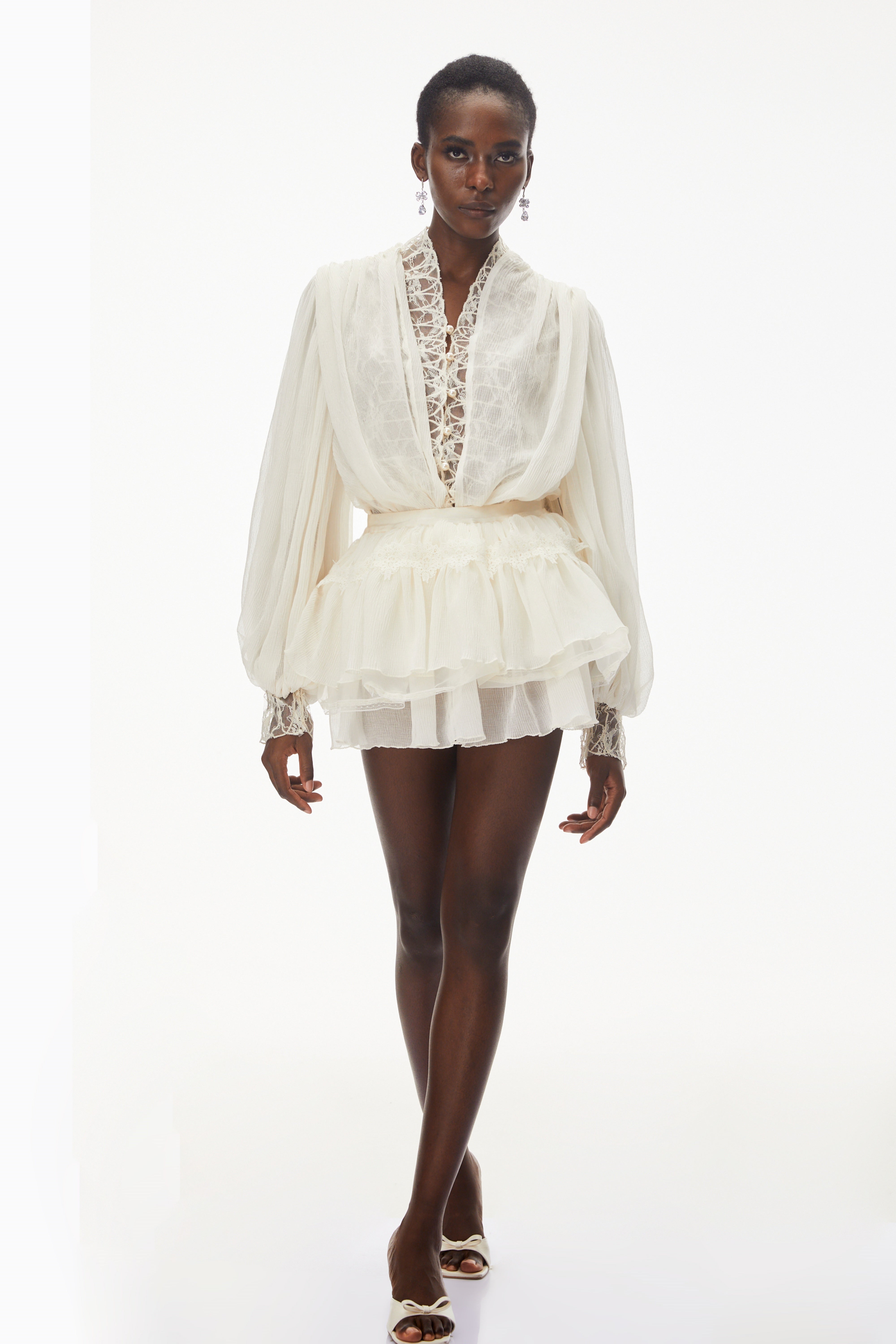 Sophie White Lace Trim Blouse & Tiered Skirt Set