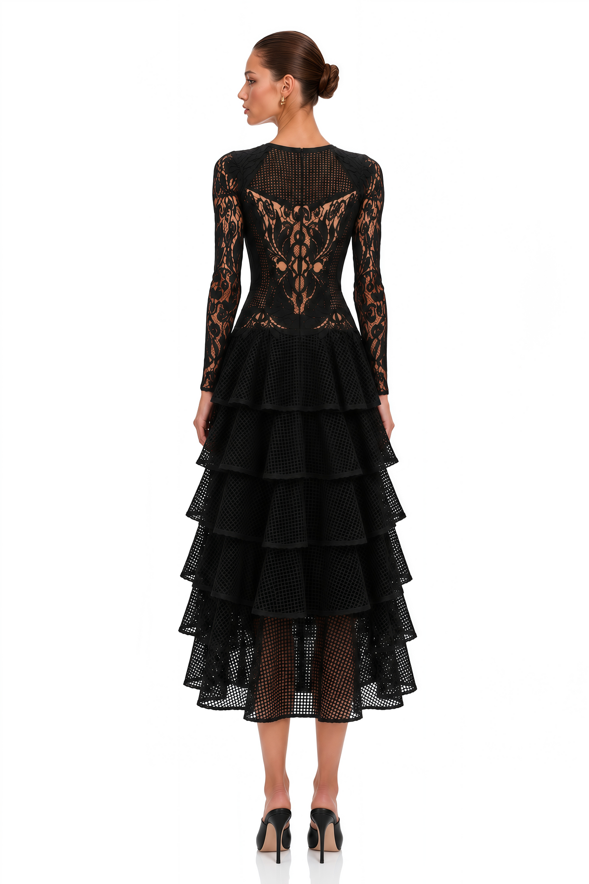 sophronia black lace long sleeves tiered midi dress
