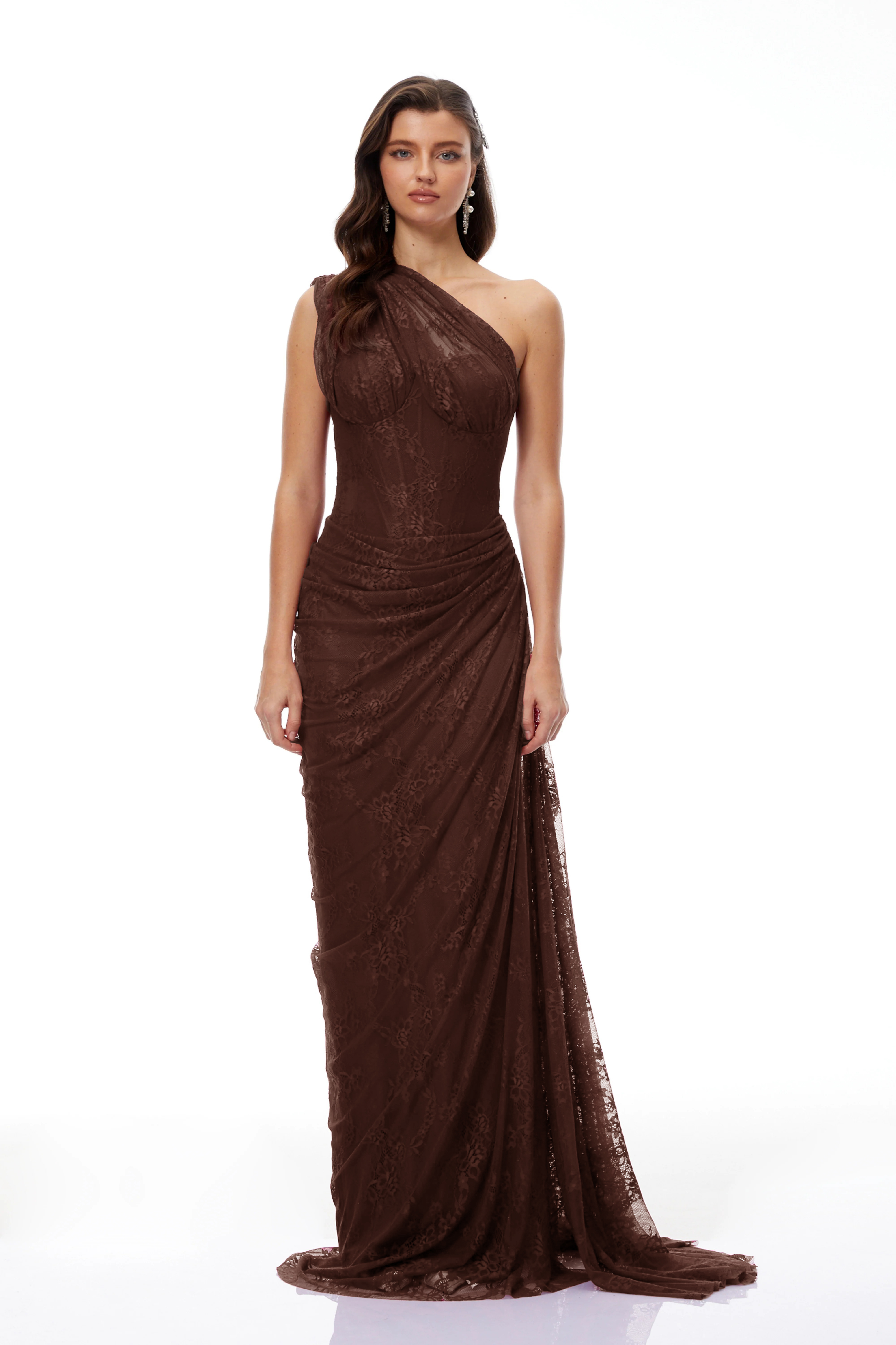 Stefania Brown Red Floral Lace Maxi Gown
