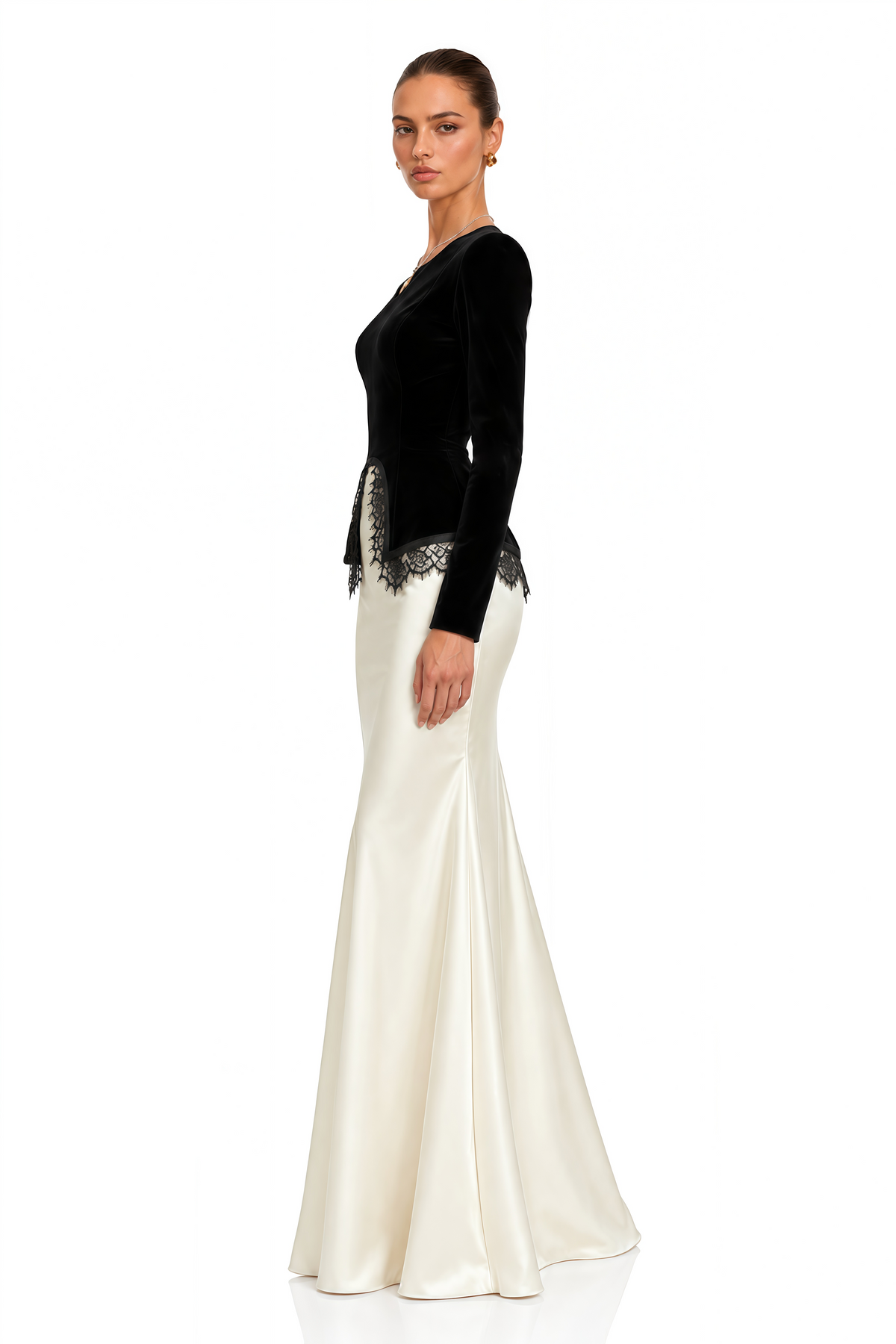 sumaiya black velvet blouse & white mermaid maxi skirt set