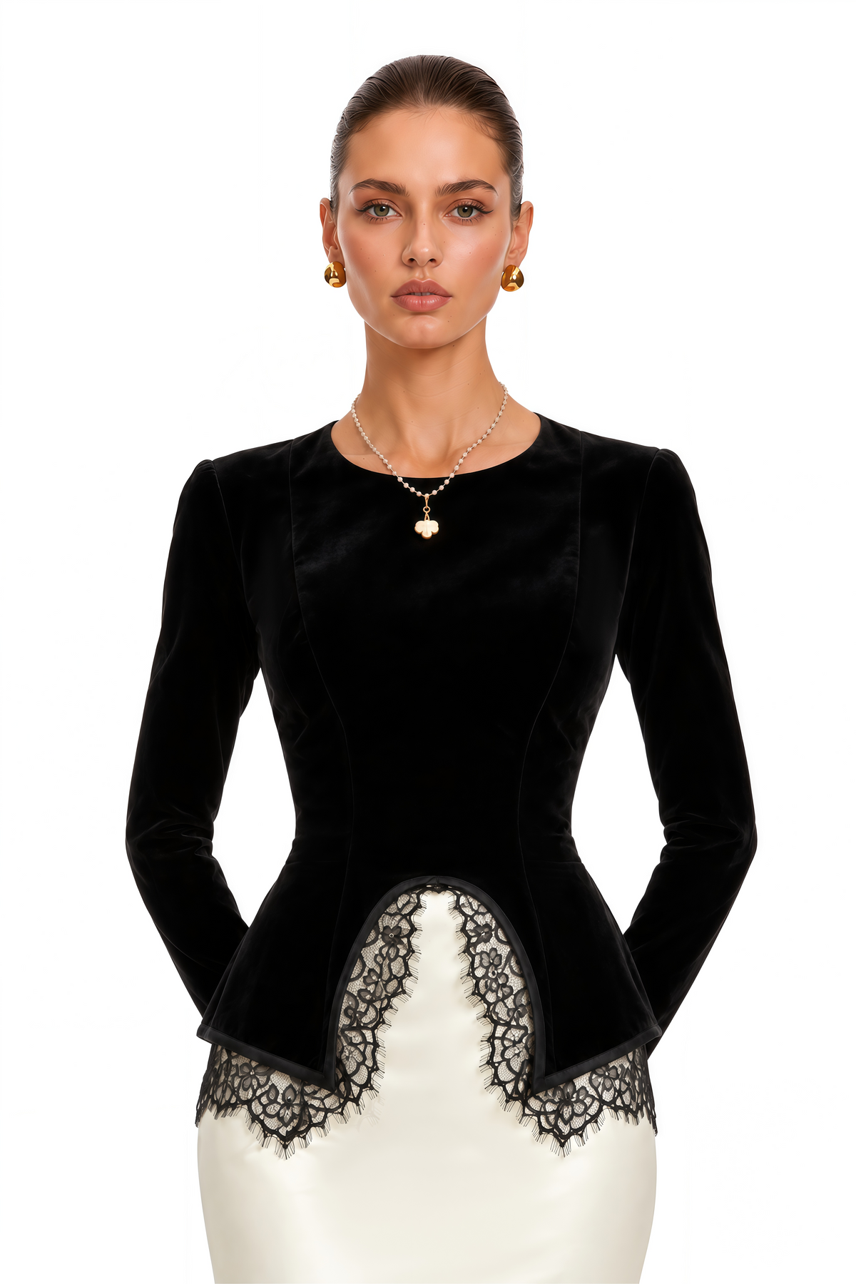 sumaiya black velvet blouse & white mermaid maxi skirt set