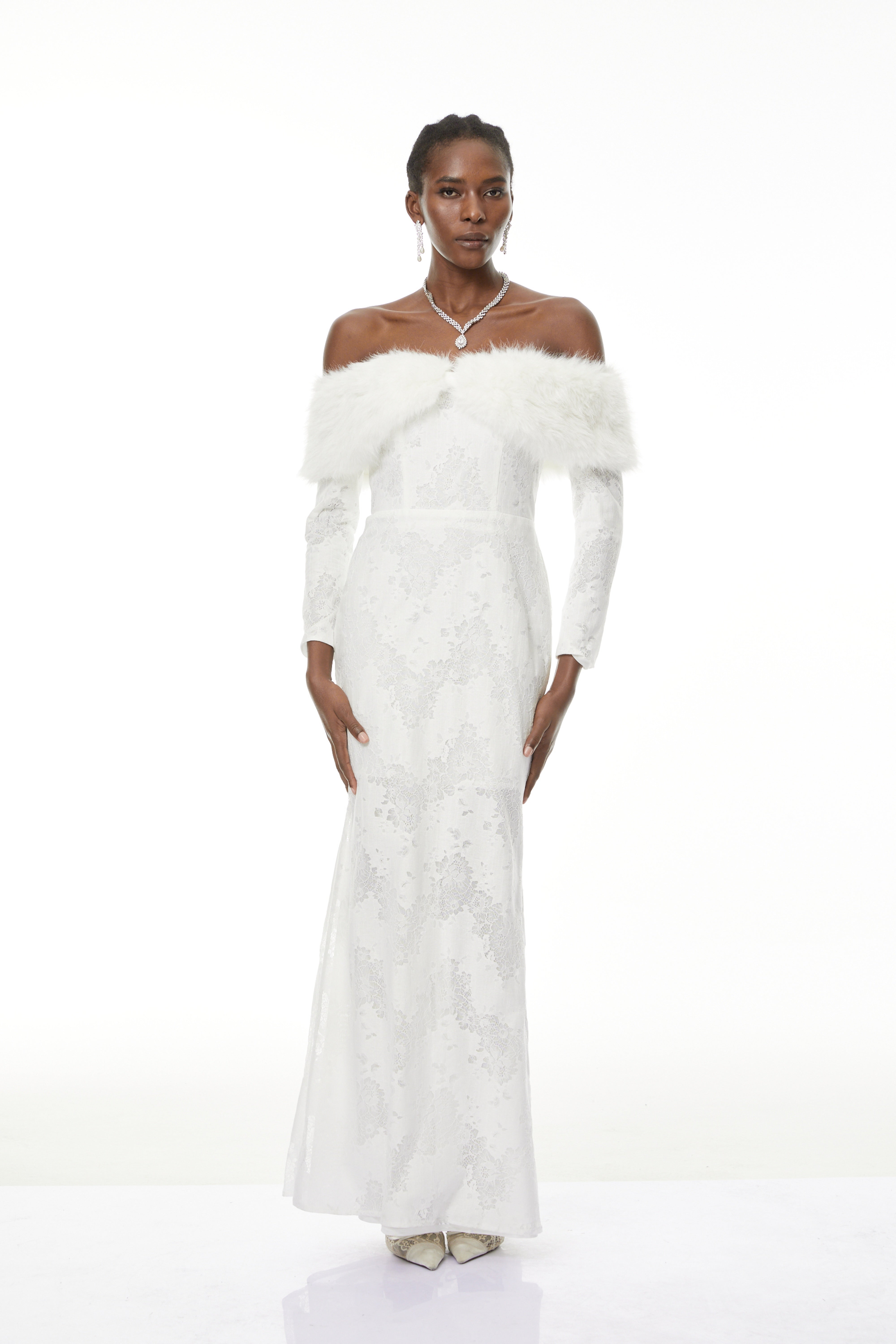 Susanne White Fur Trim Floral Lace Maxi Dress