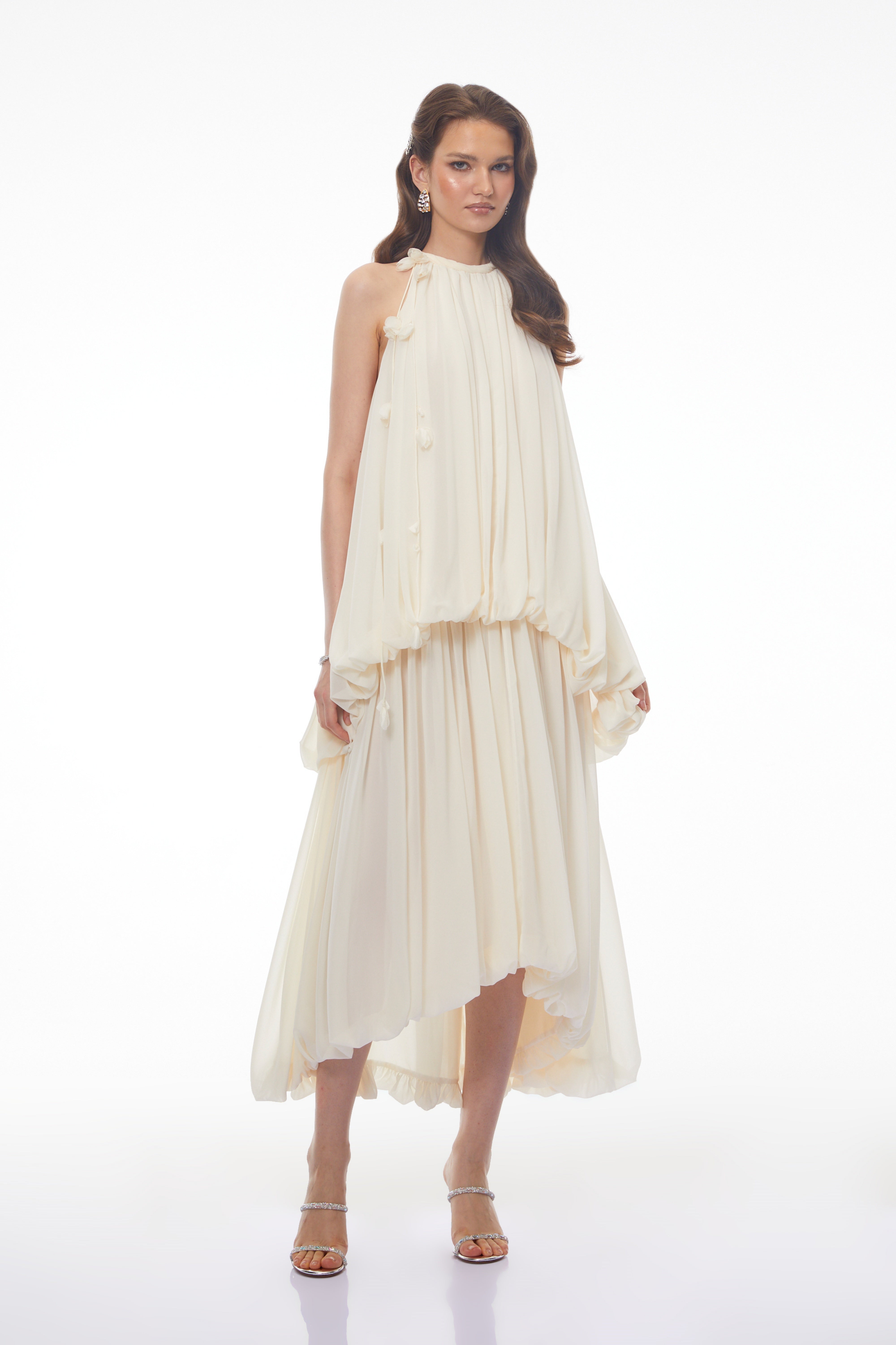 Svetlana White Halterneck Ruched Maxi Dress with 3D Florals