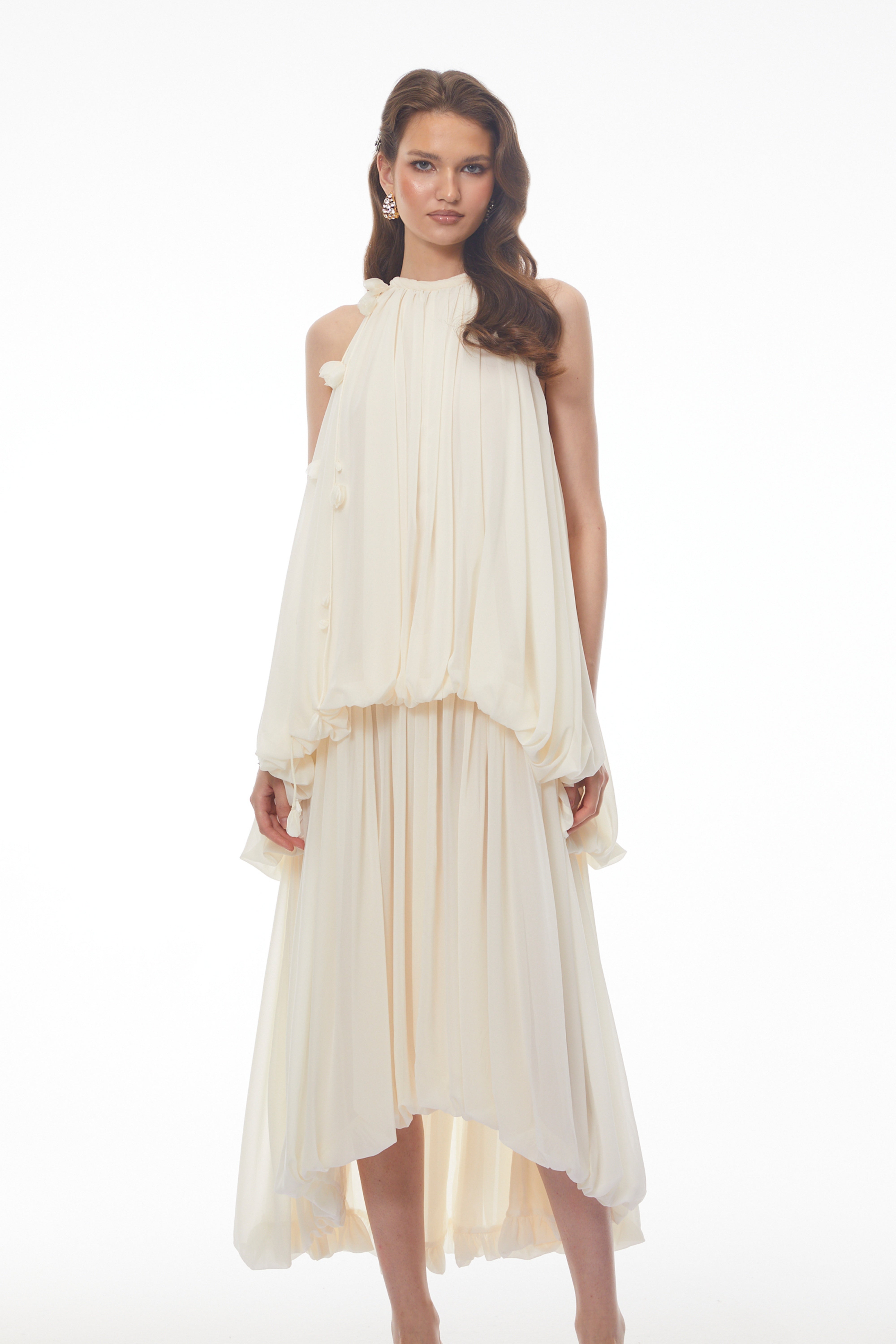 Svetlana White Halterneck Ruched Maxi Dress with 3D Florals