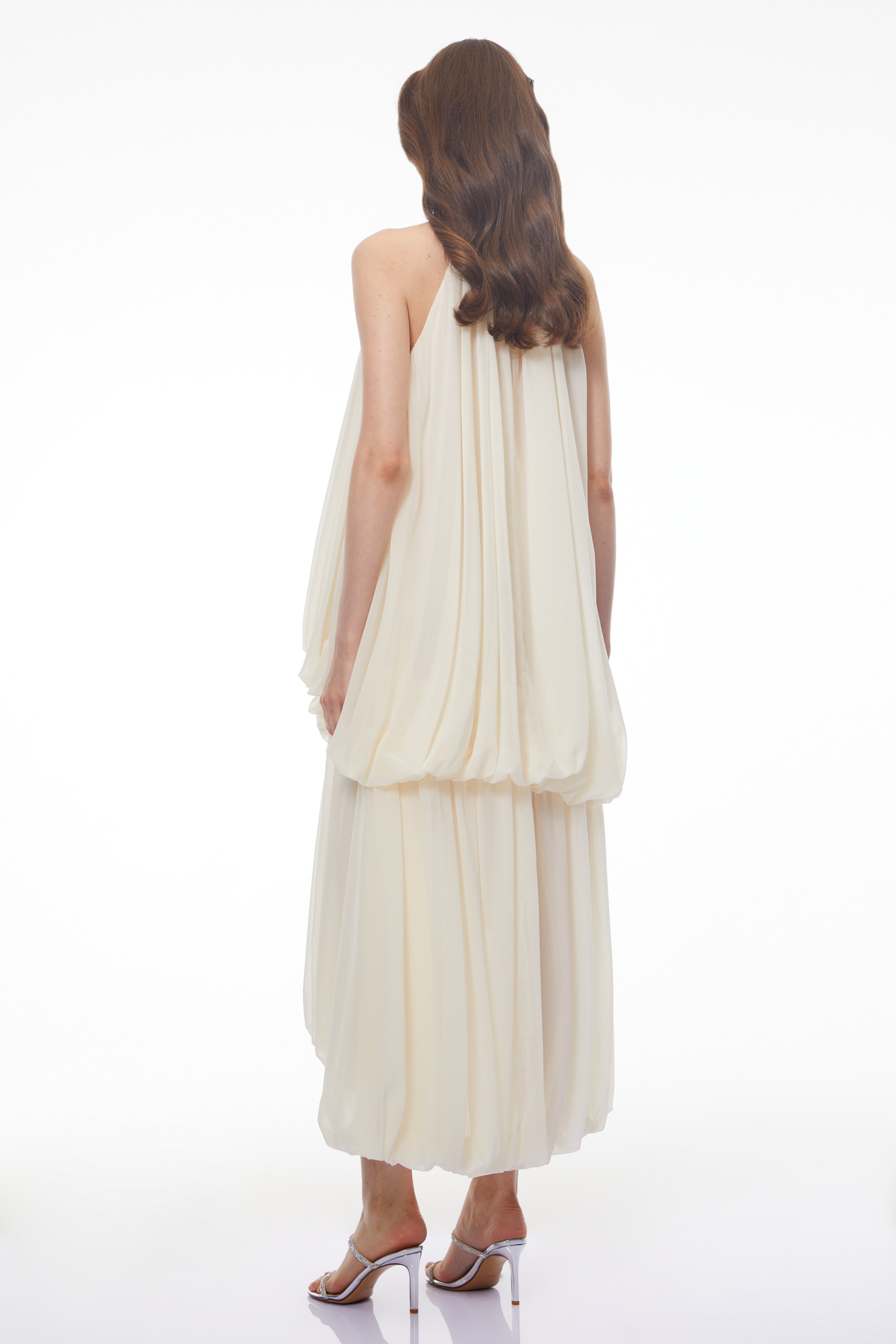 Svetlana White Halterneck Ruched Maxi Dress with 3D Florals