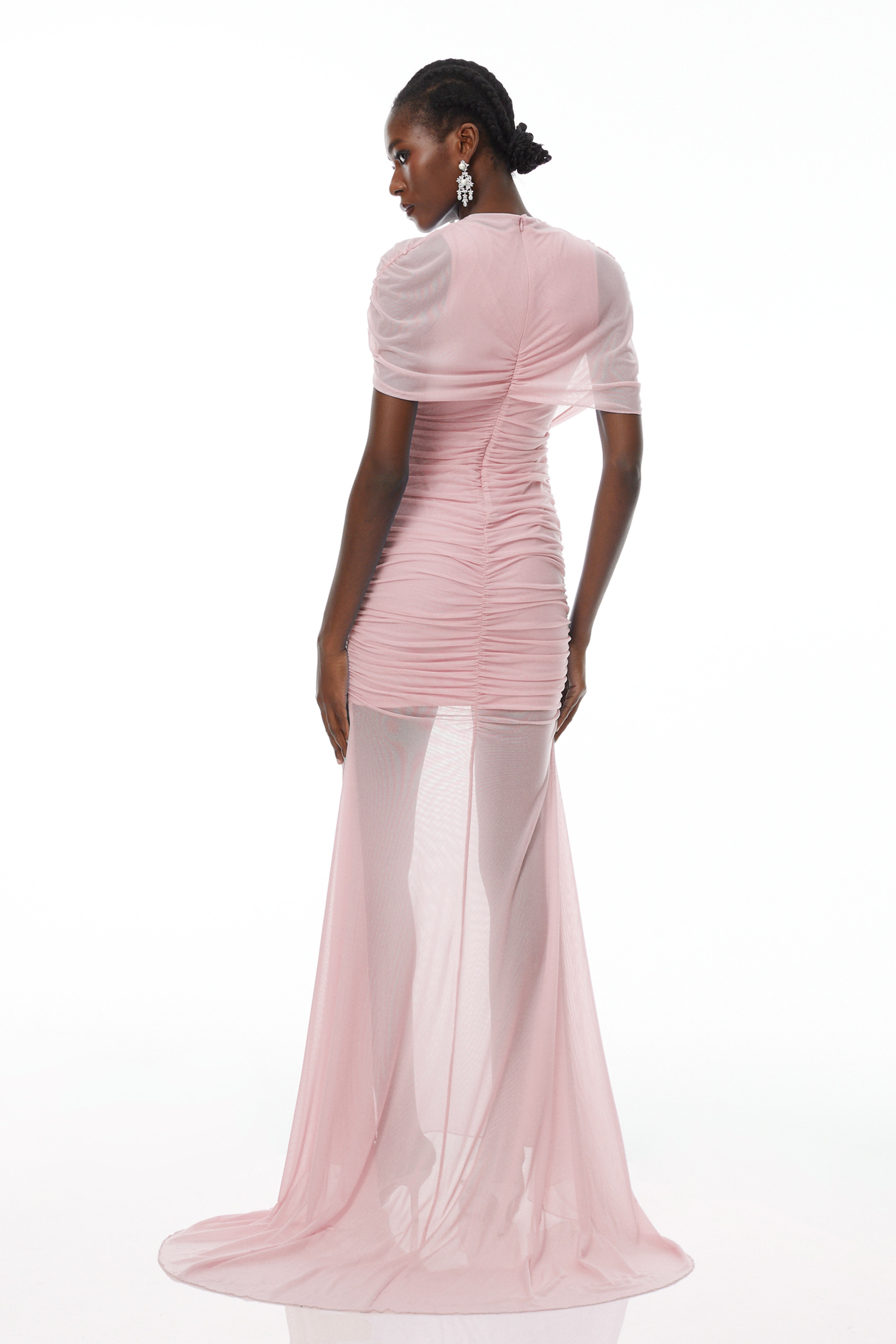 Sylphe Pink Asymmetrical Ruched Mesh Maxi Dress