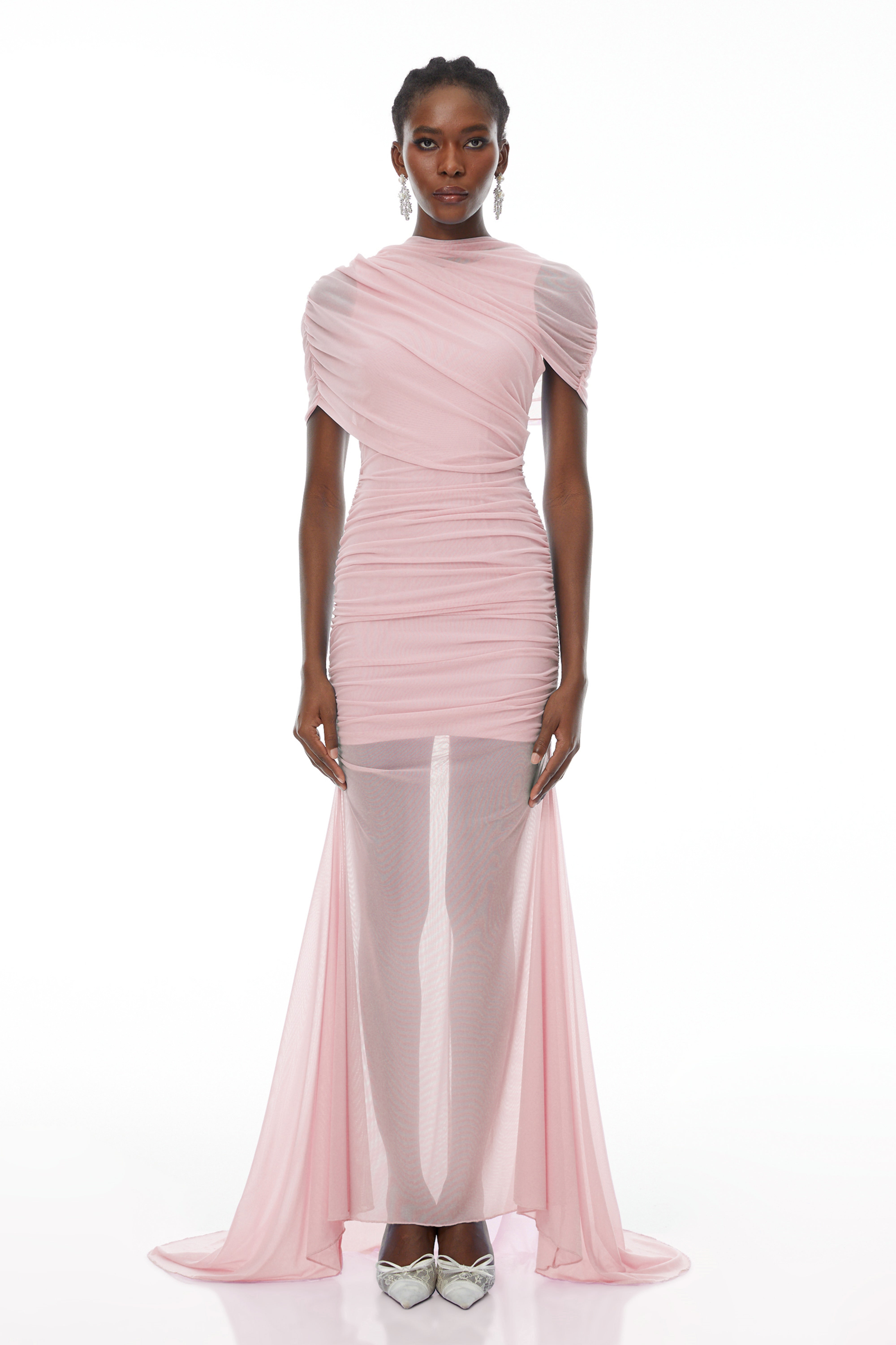 Sylphe Pink Asymmetrical Ruched Mesh Maxi Dress
