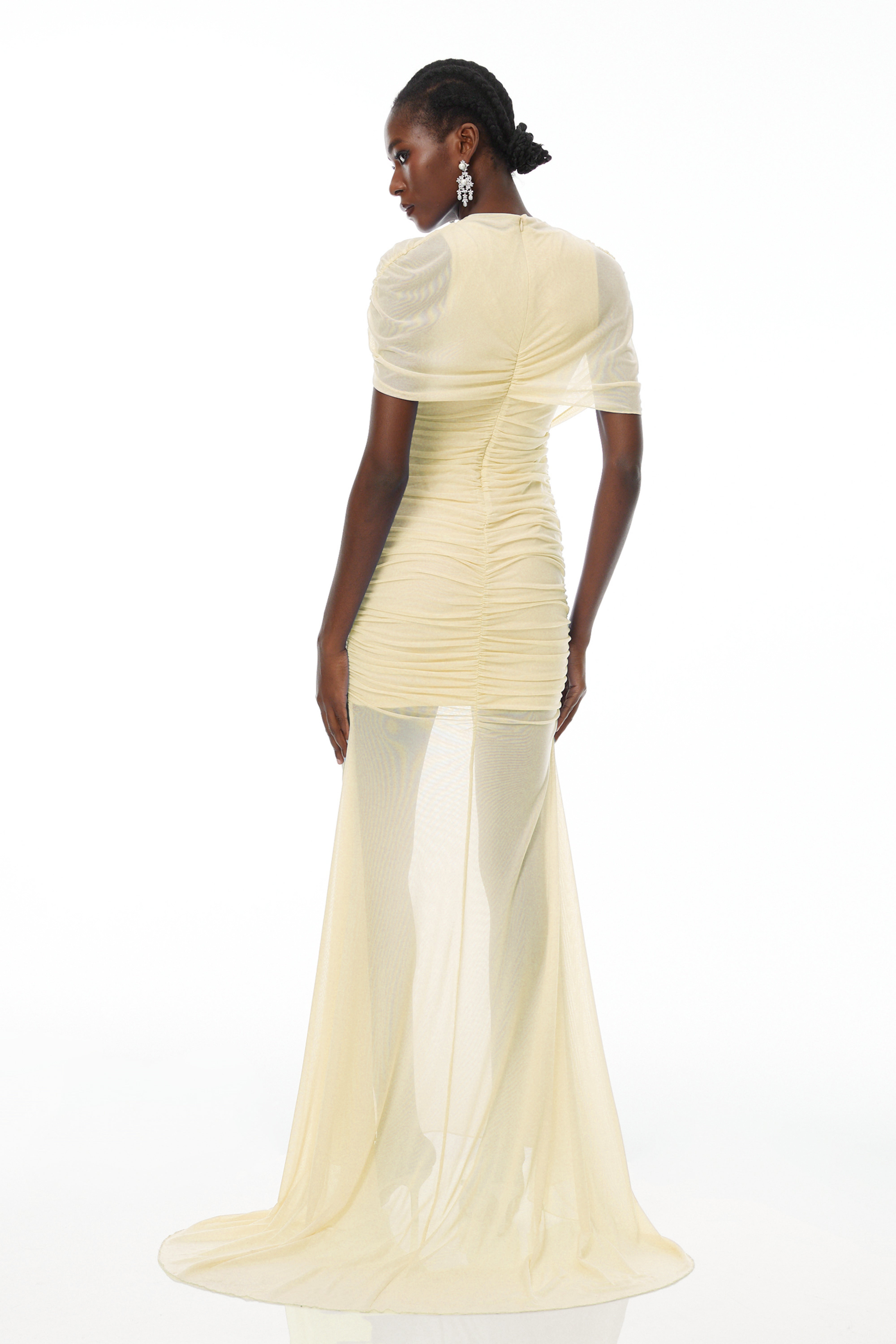 Sylphe Yellow Asymmetrical Ruched Mesh Maxi Dress