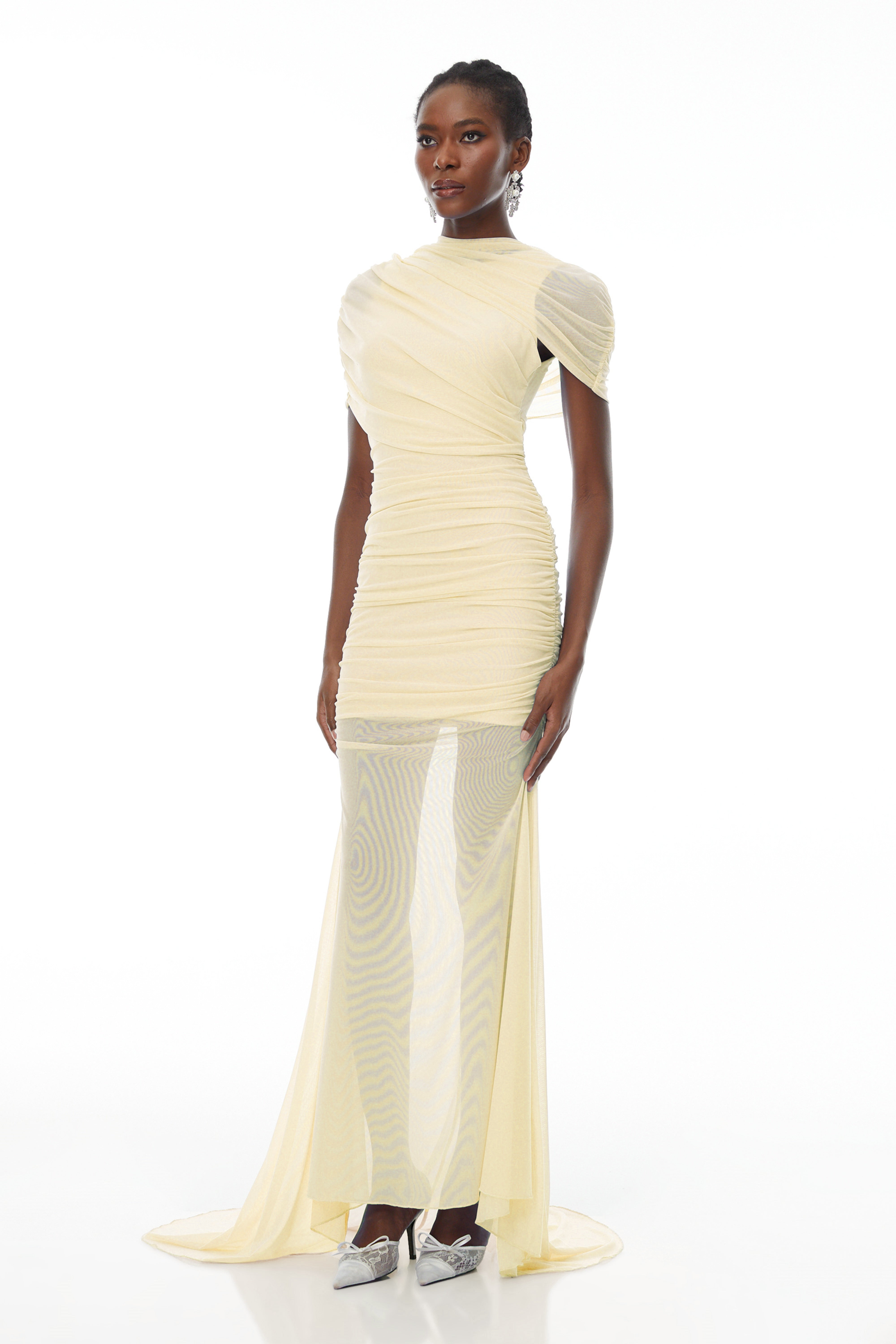 Sylphe Yellow Asymmetrical Ruched Mesh Maxi Dress