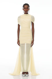 Sylphe Yellow Asymmetrical Ruched Mesh Maxi Dress