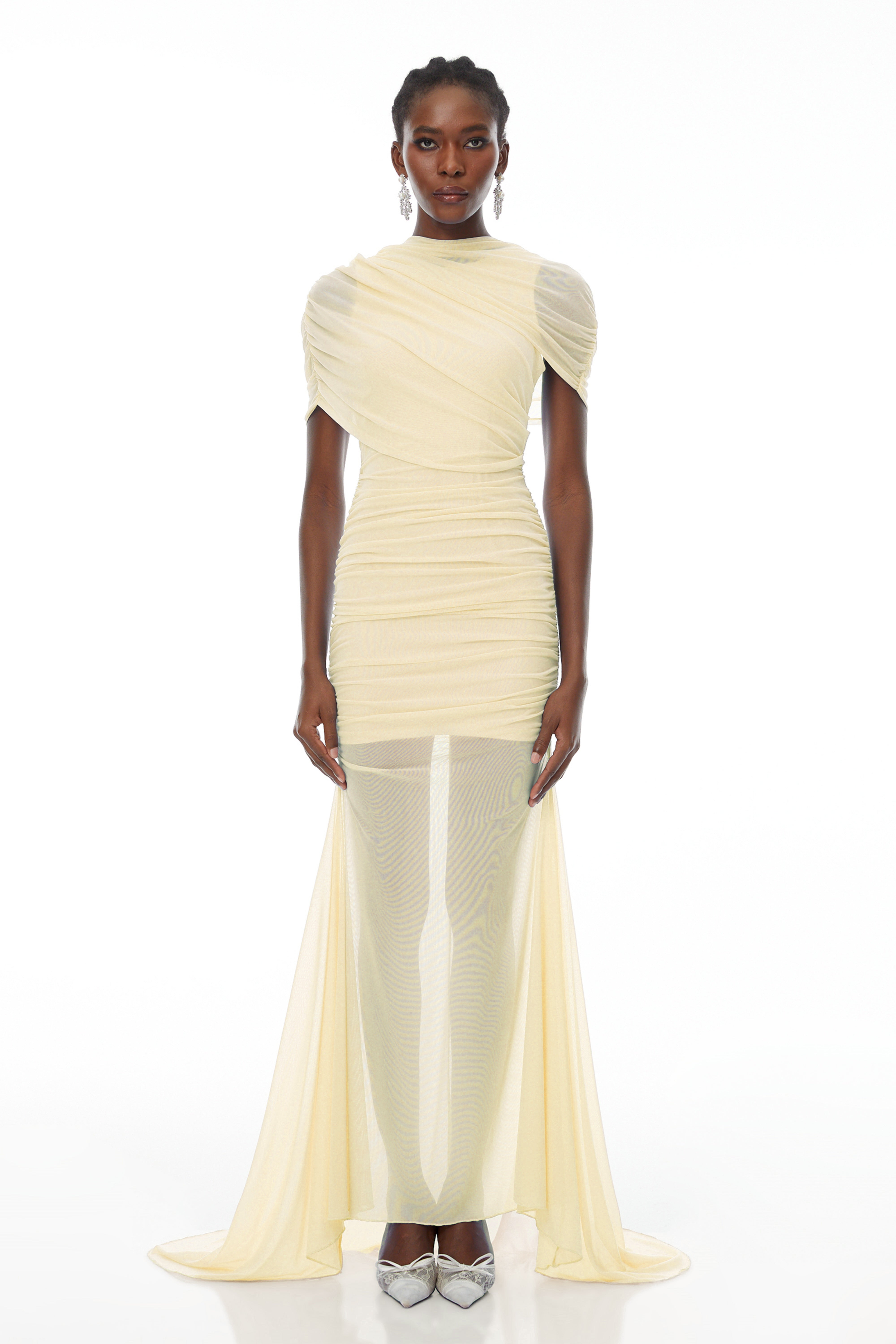 Sylphe Yellow Asymmetrical Ruched Mesh Maxi Dress