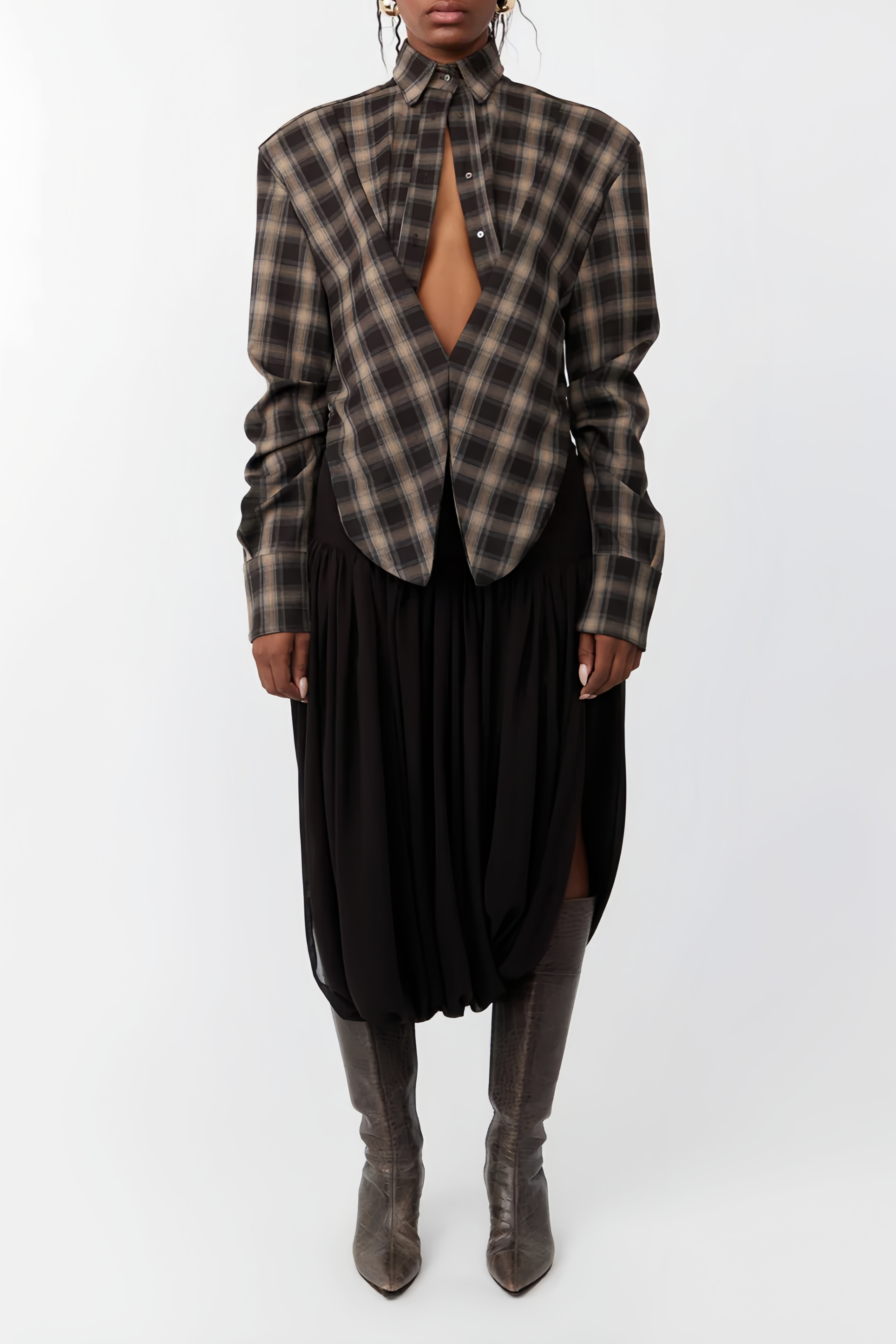 Amber Brown Plaid Tailored Cutout Blouse (Final Sale)