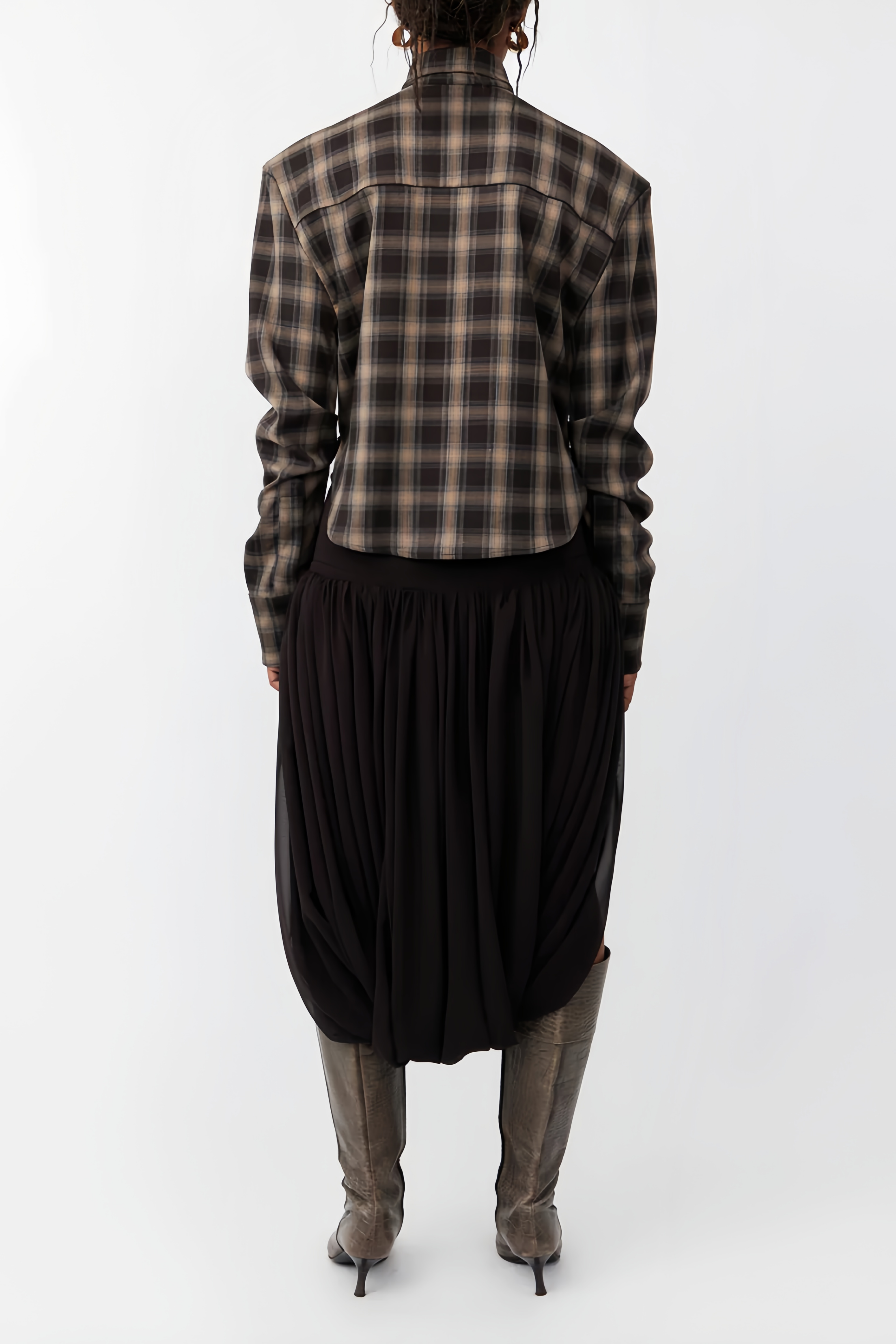 Amber Brown Plaid Tailored Cutout Blouse