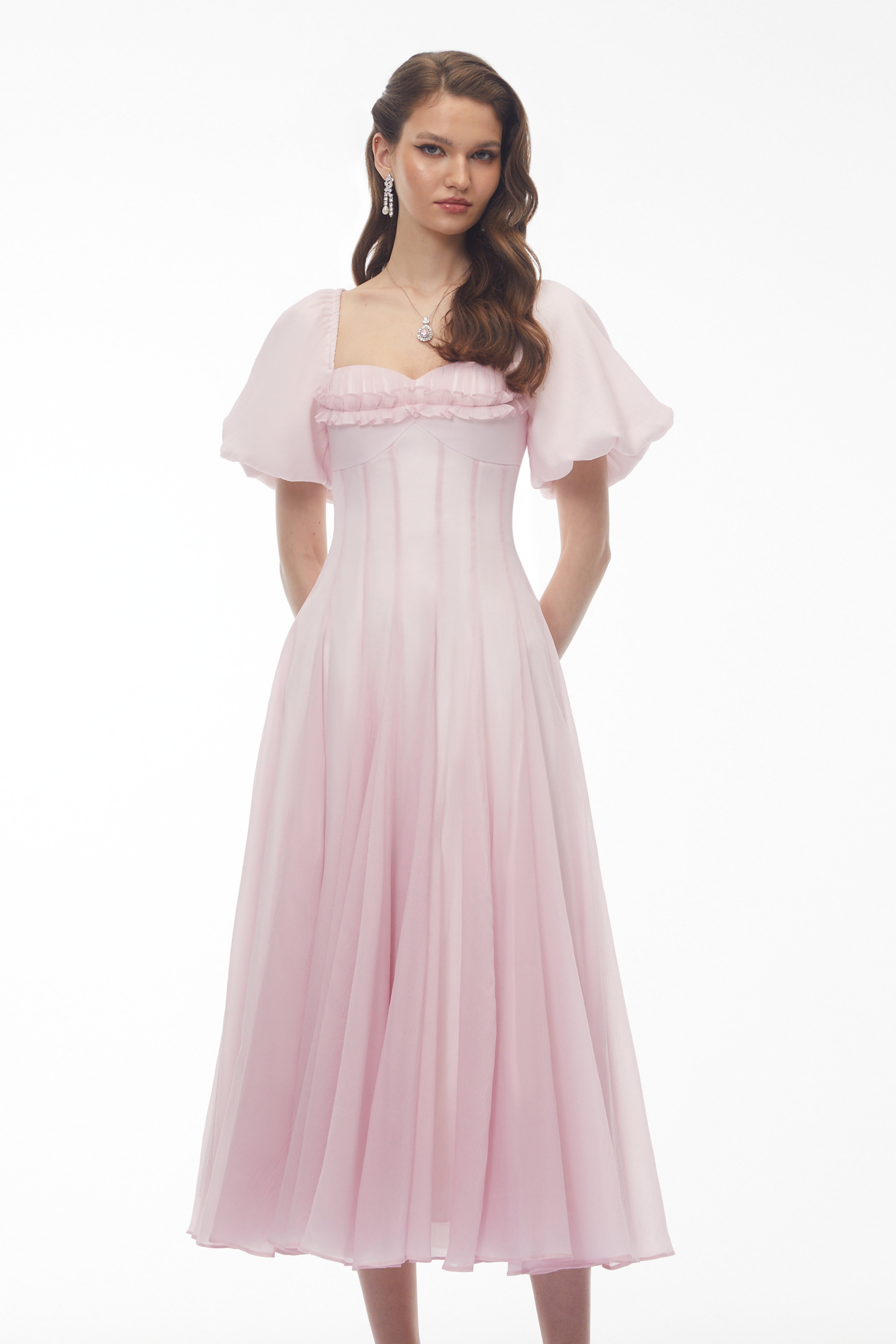 Tábata Pink Ruffled Pleated Midi Dress