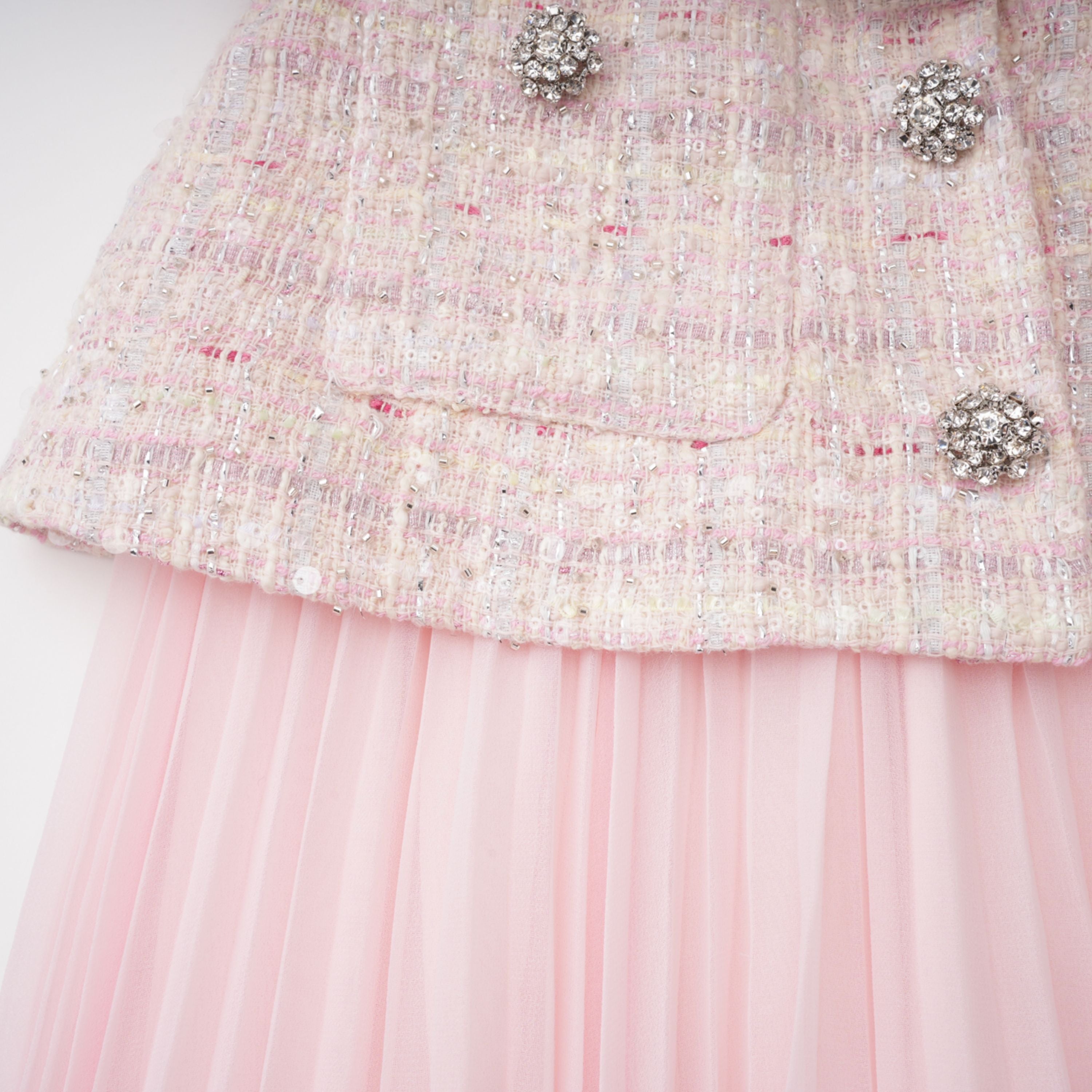 Tahmineh Pink Tweed Pleated Midi Dress