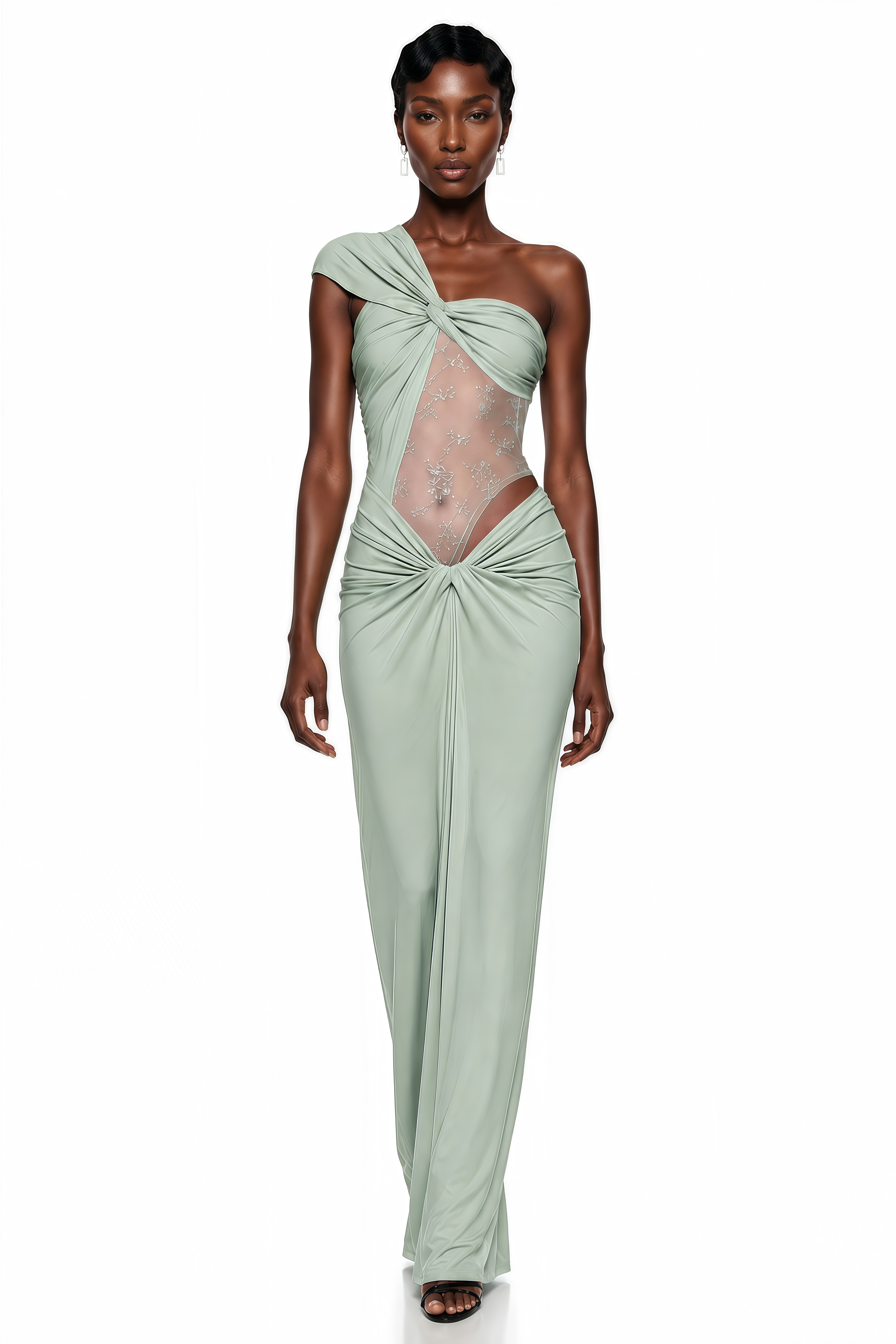 Tai Sage Green One Shoulder Lace Maxi Dress