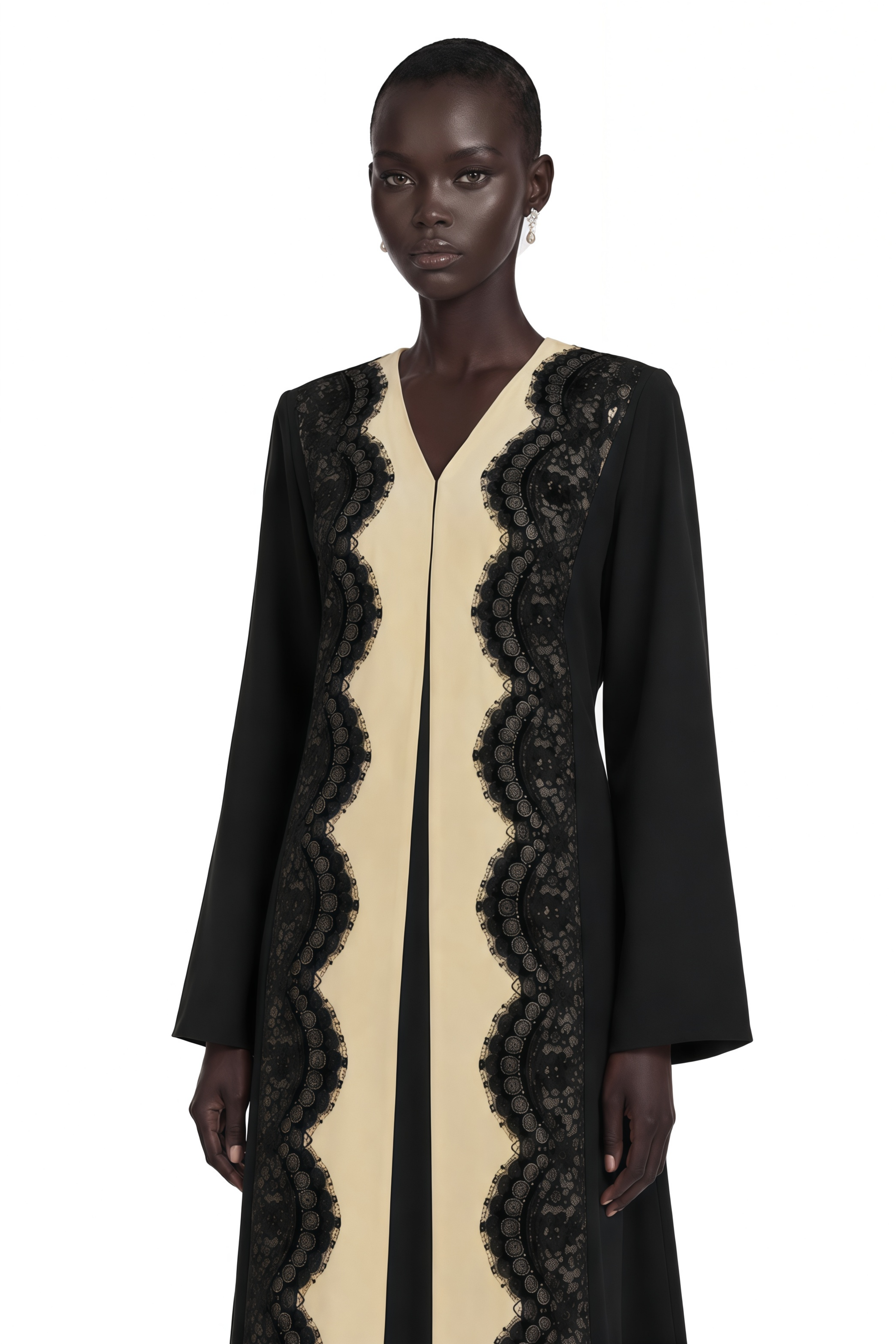 Talia Black Long Sleeves Lace Trim Maxi Coat