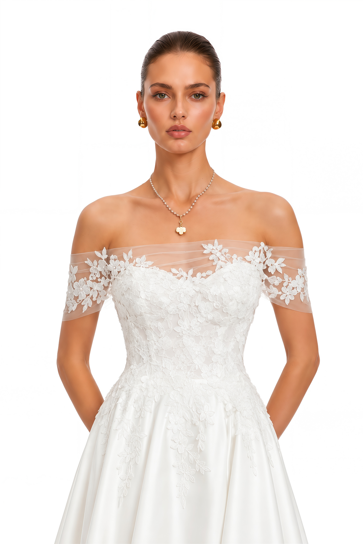 talwyn white off shoulder floral applique maxi dress