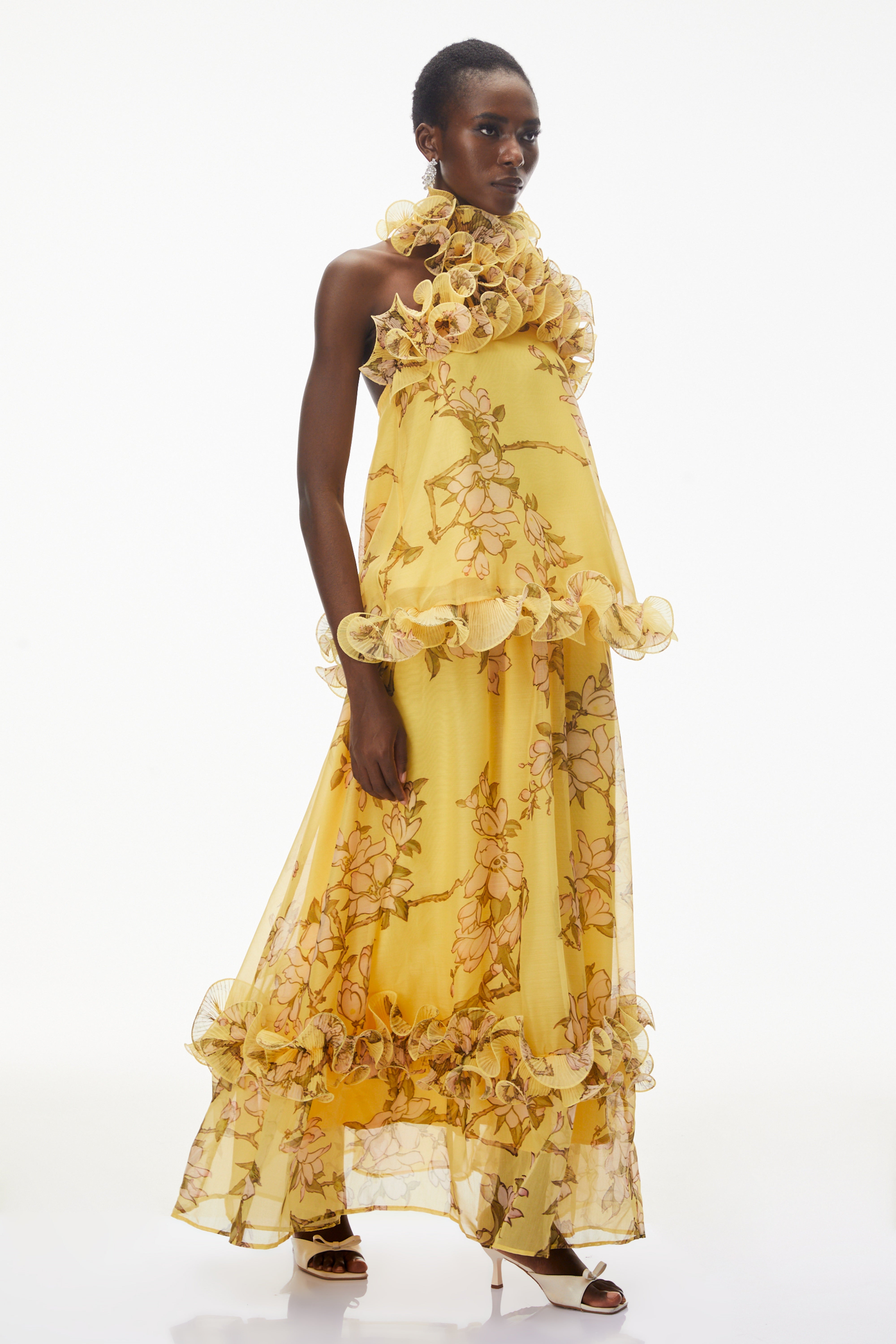 Tamanna Yellow Floral Ruffled Top & Skirt Set