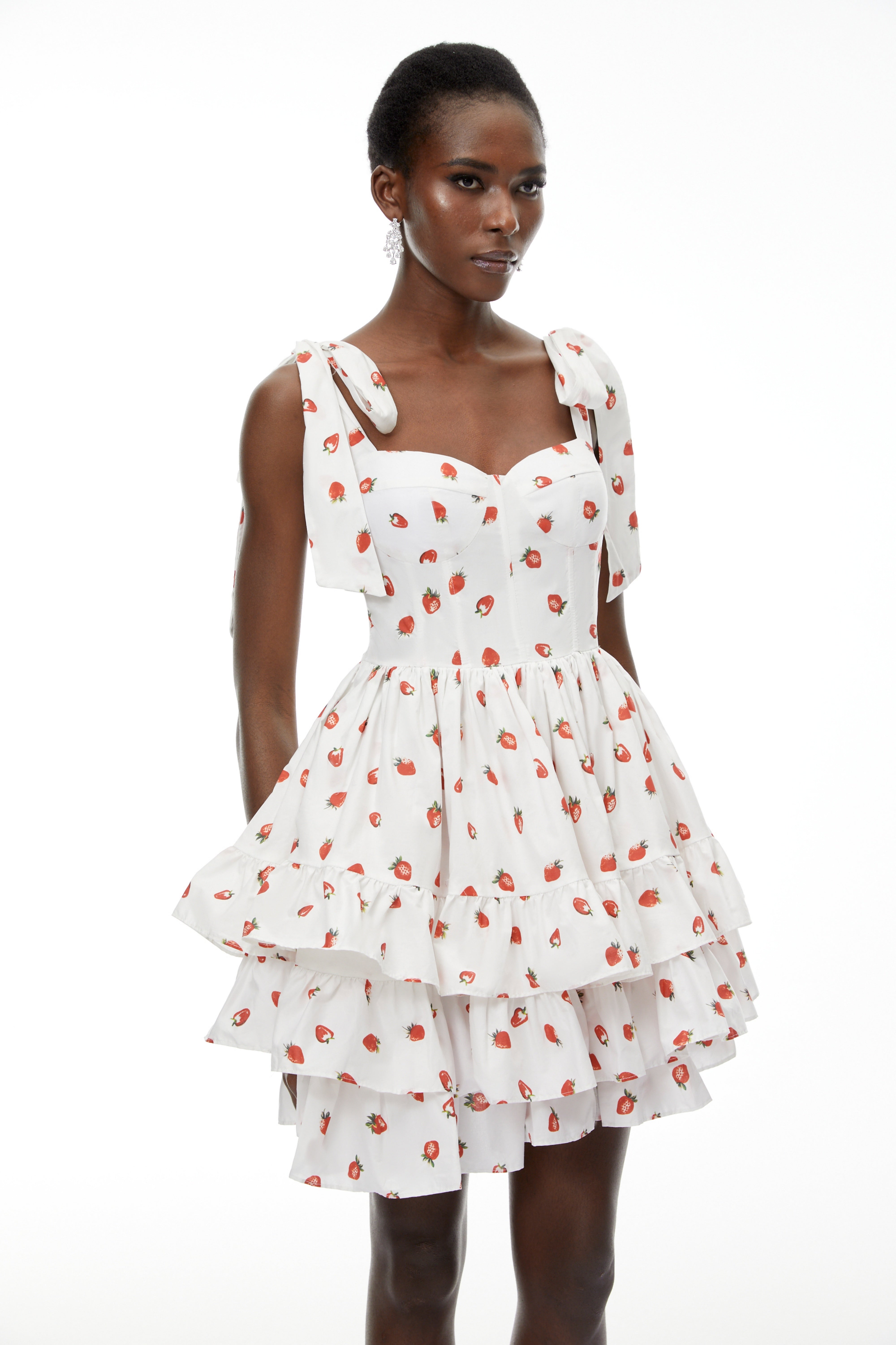 Tamara White Strawberry Print Tiered Mini Dress