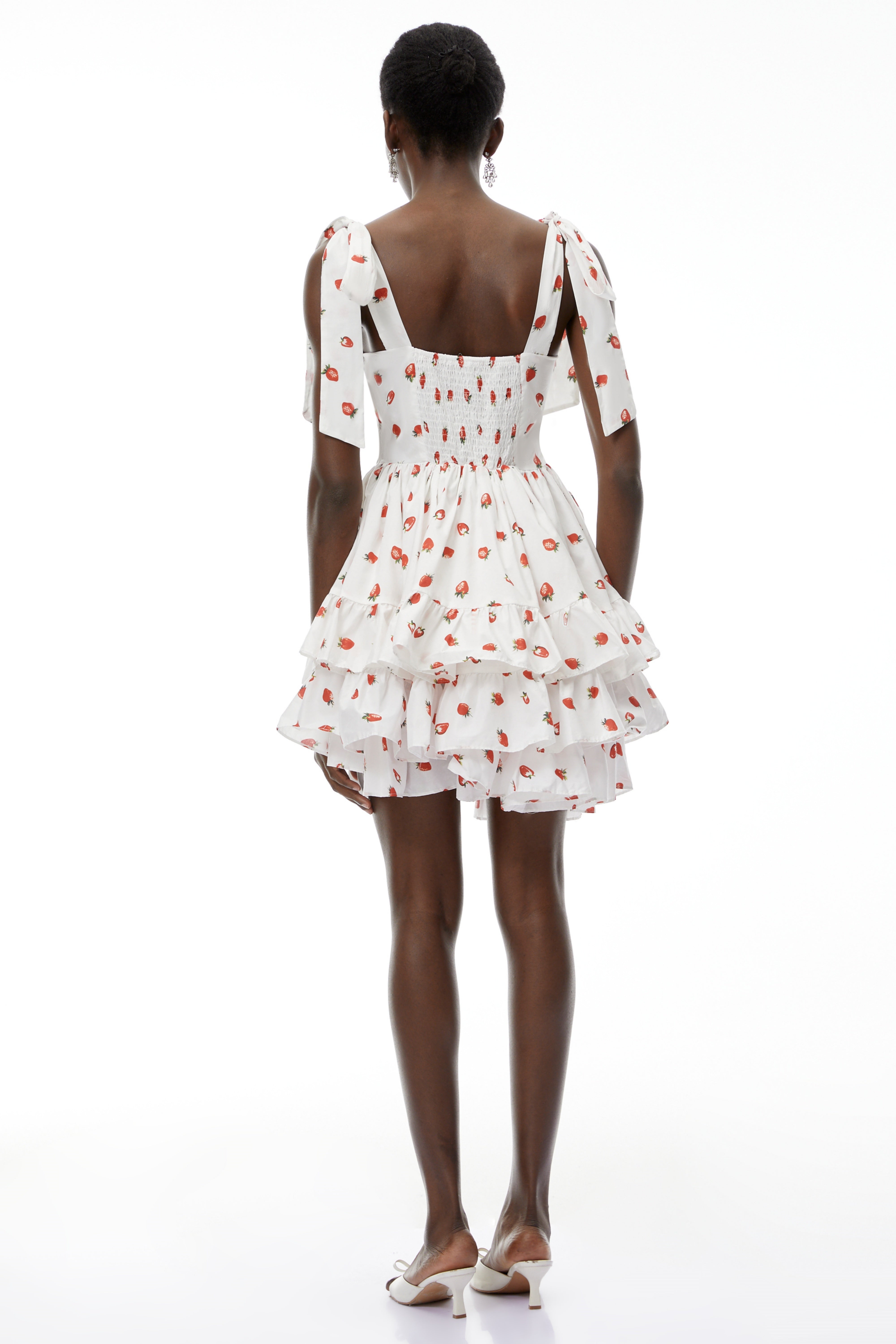 Tamara White Strawberry Print Tiered Mini Dress