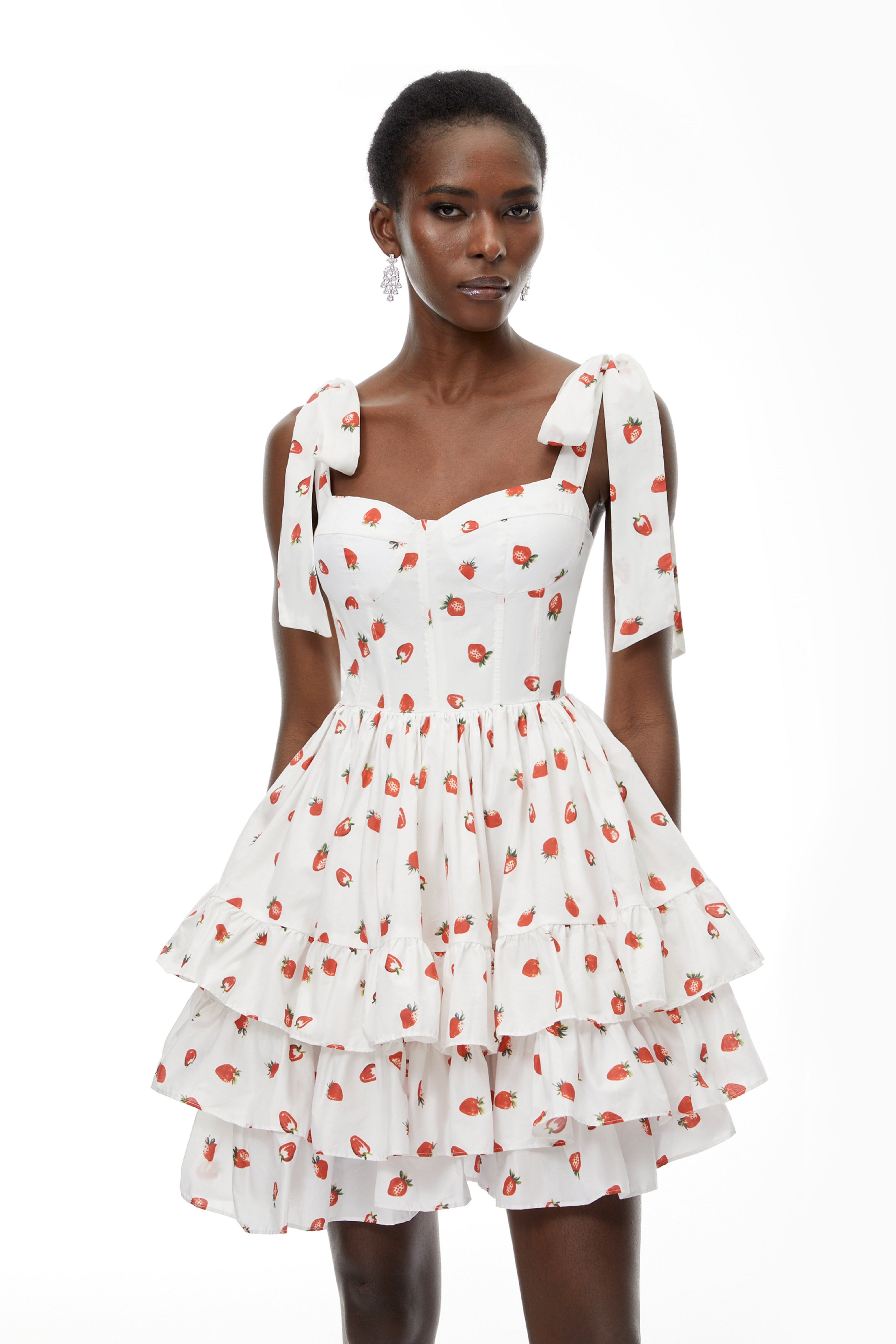 Tamara White Strawberry Print Tiered Mini Dress