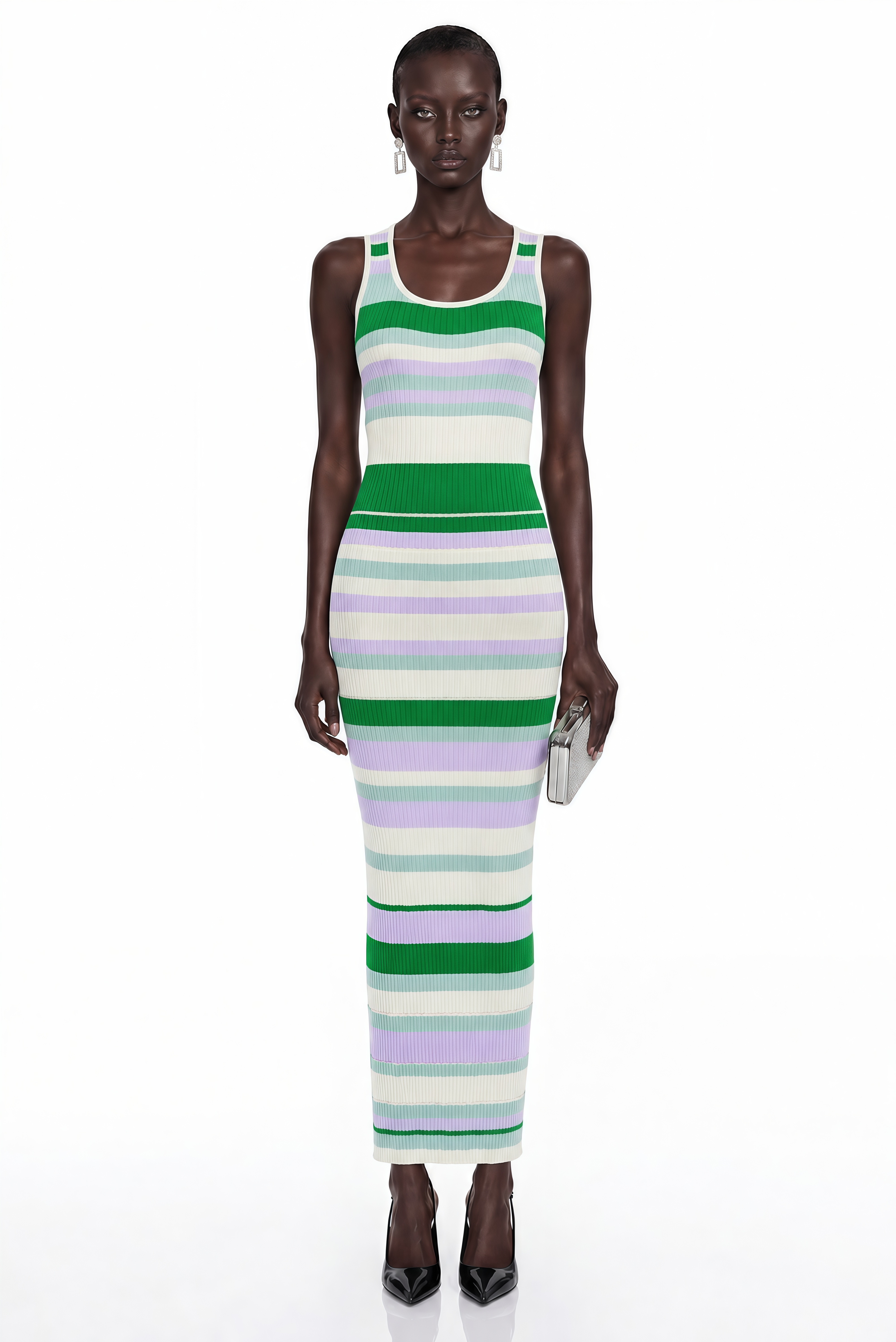 Tanya Green Round Neck Horizontal Stripes Maxi Dress