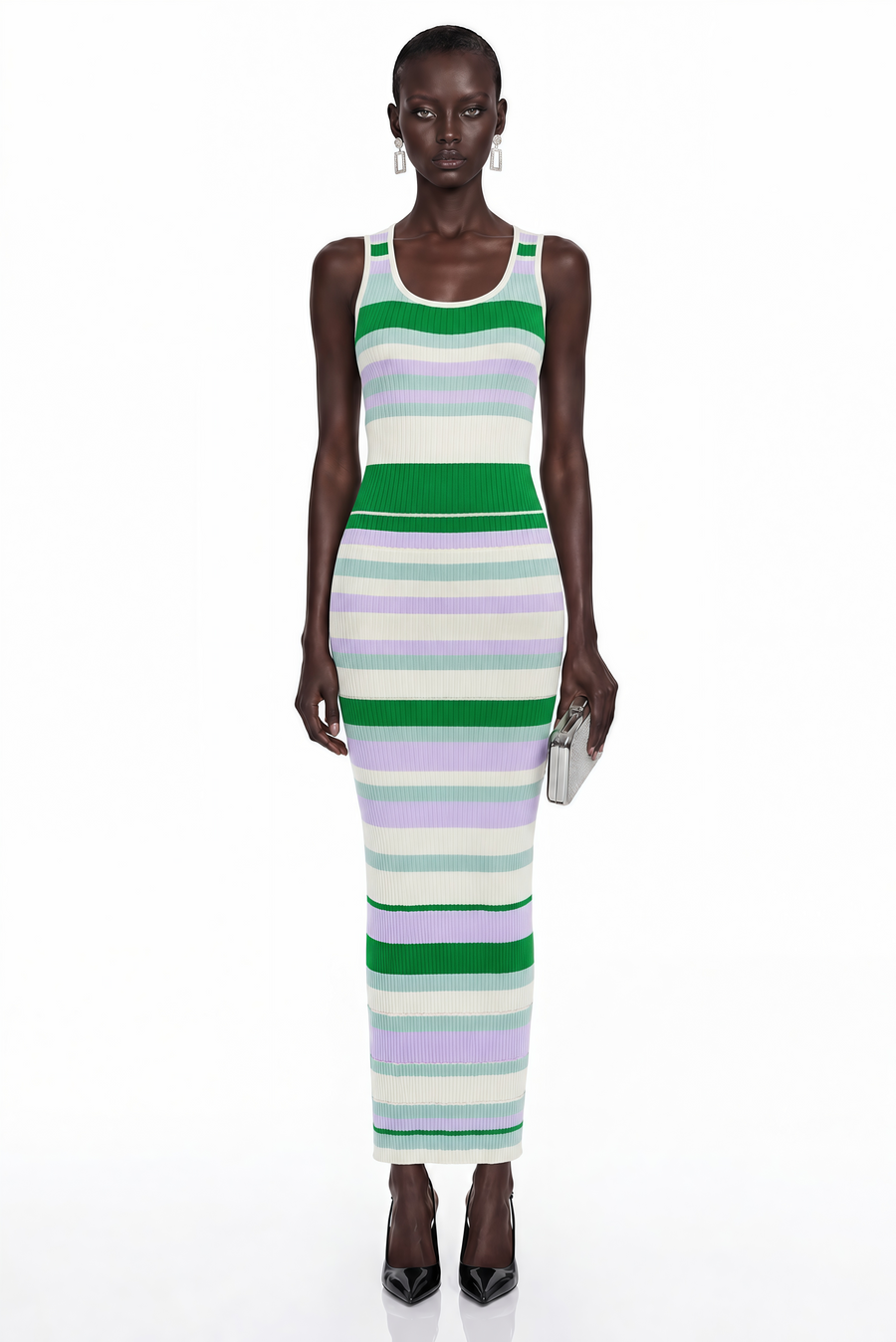 Tanya Green Round Neck Horizontal Stripes Maxi Dress