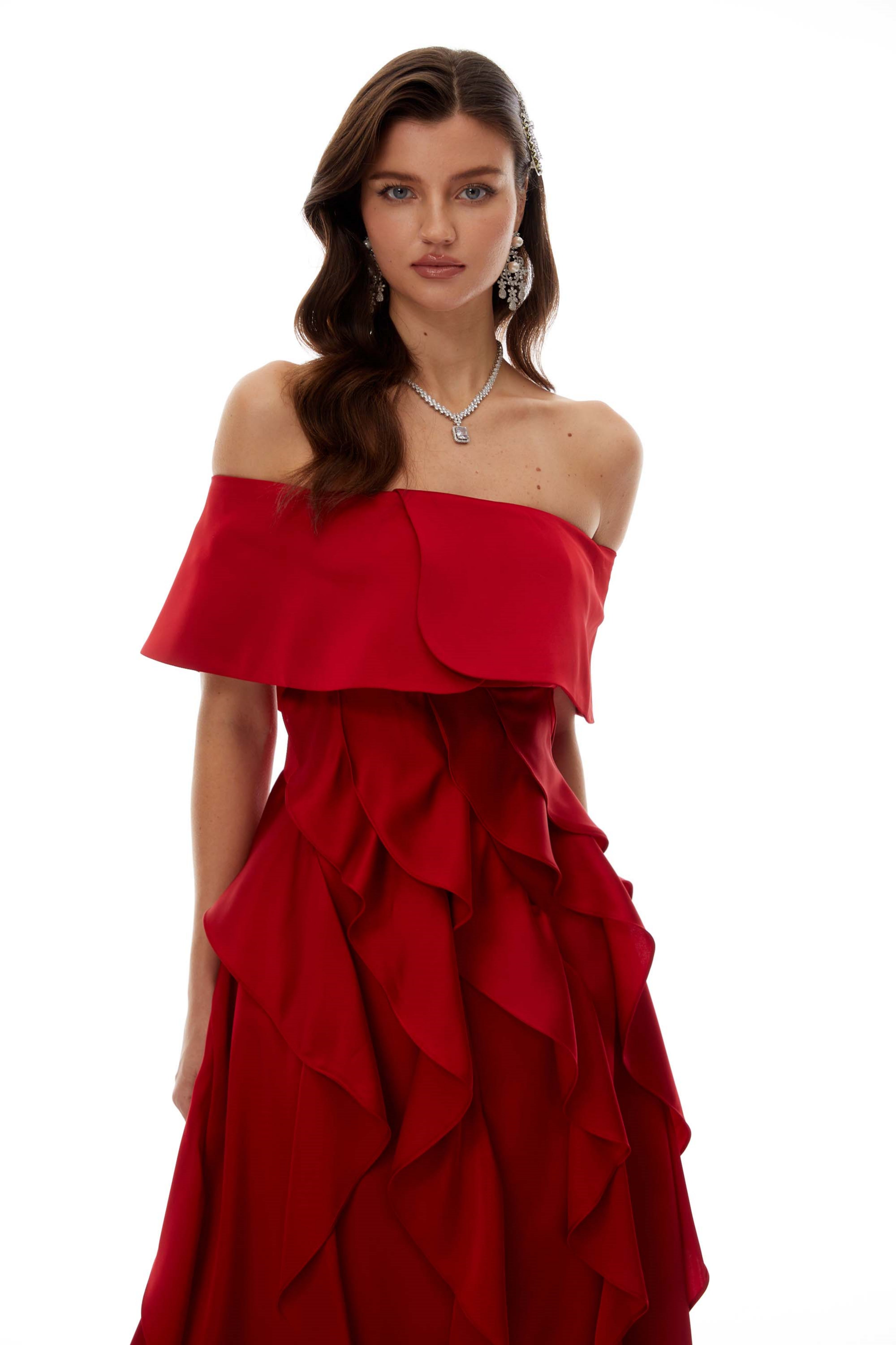 Tarjei Red Off-Shoulder Ruffled Midi Dress (Final Sale-US Only)