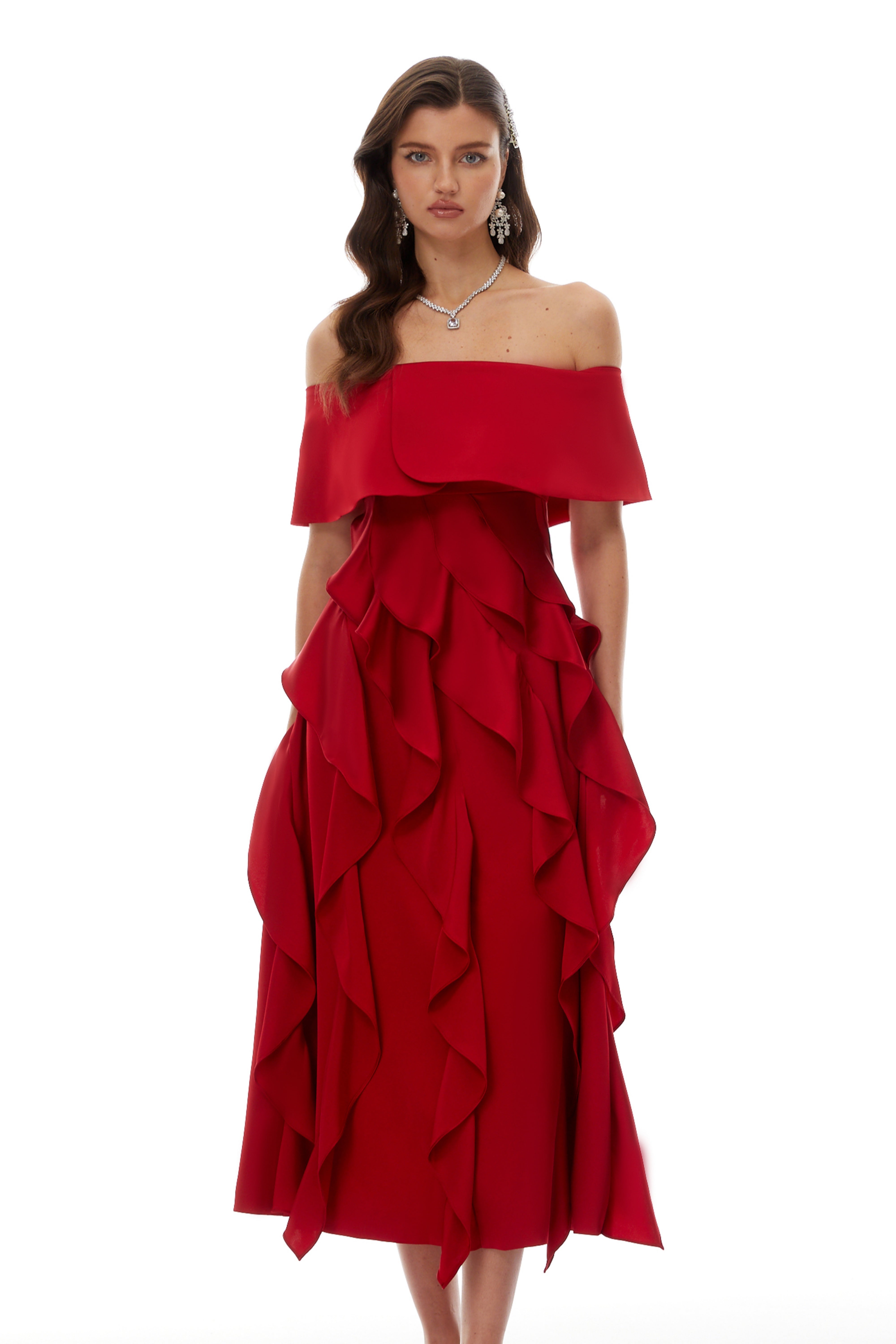 Tarjei Red Off-Shoulder Ruffled Midi Dress (Final Sale-US Only)