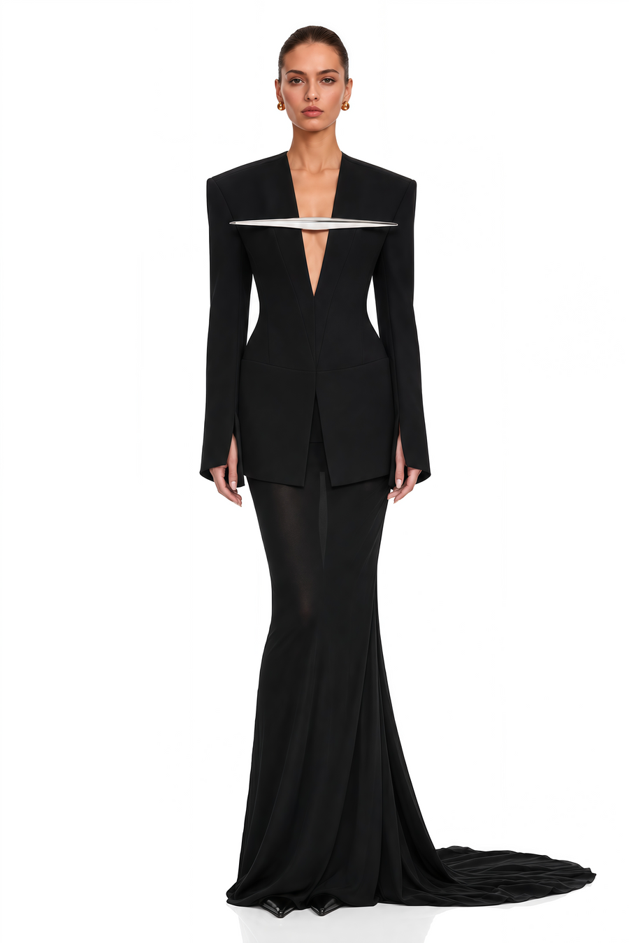 tasfiya black structured blazer & mermaid maxi skirt set