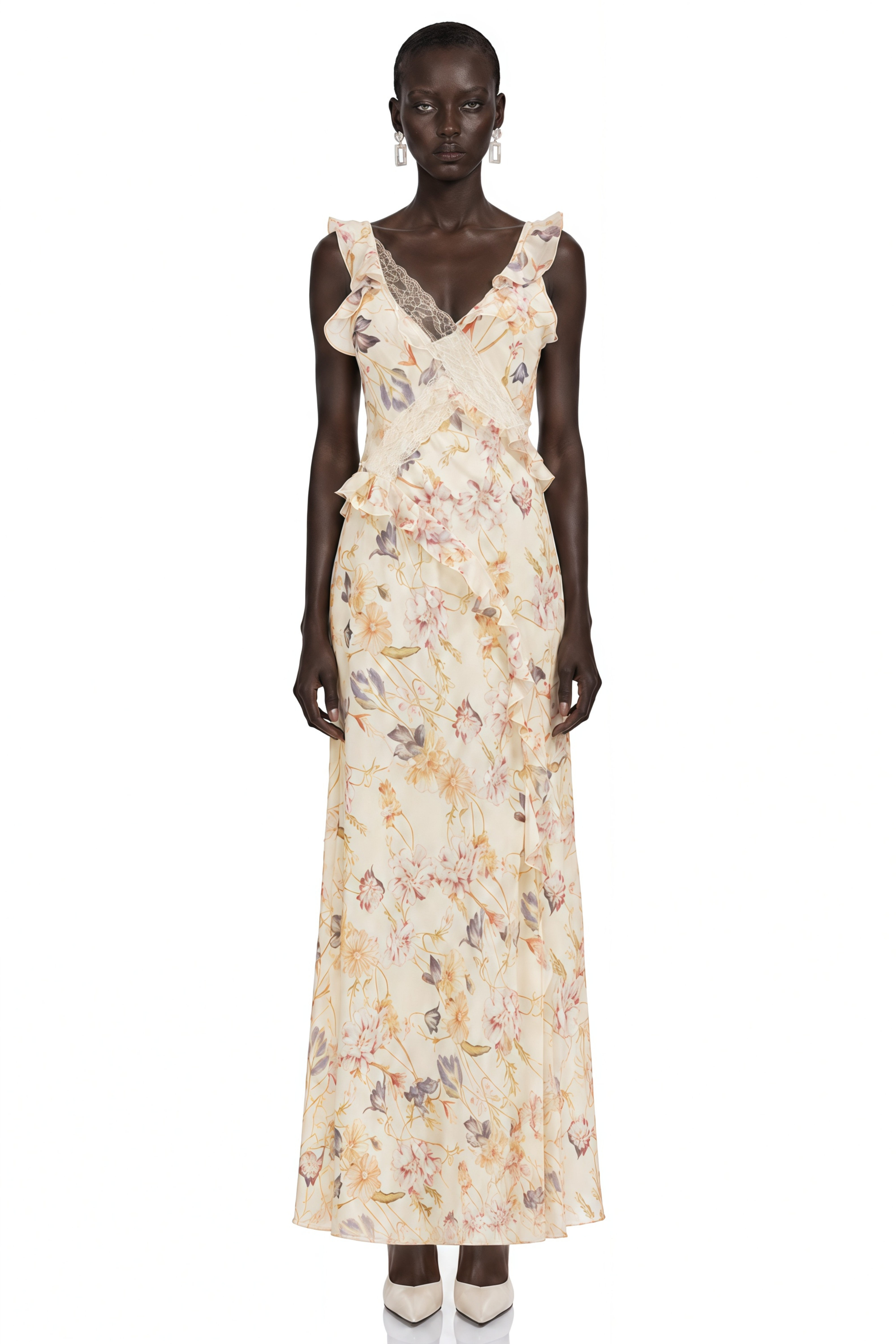 Teresa Cream Floral Print Midi Dress with Lace Panels