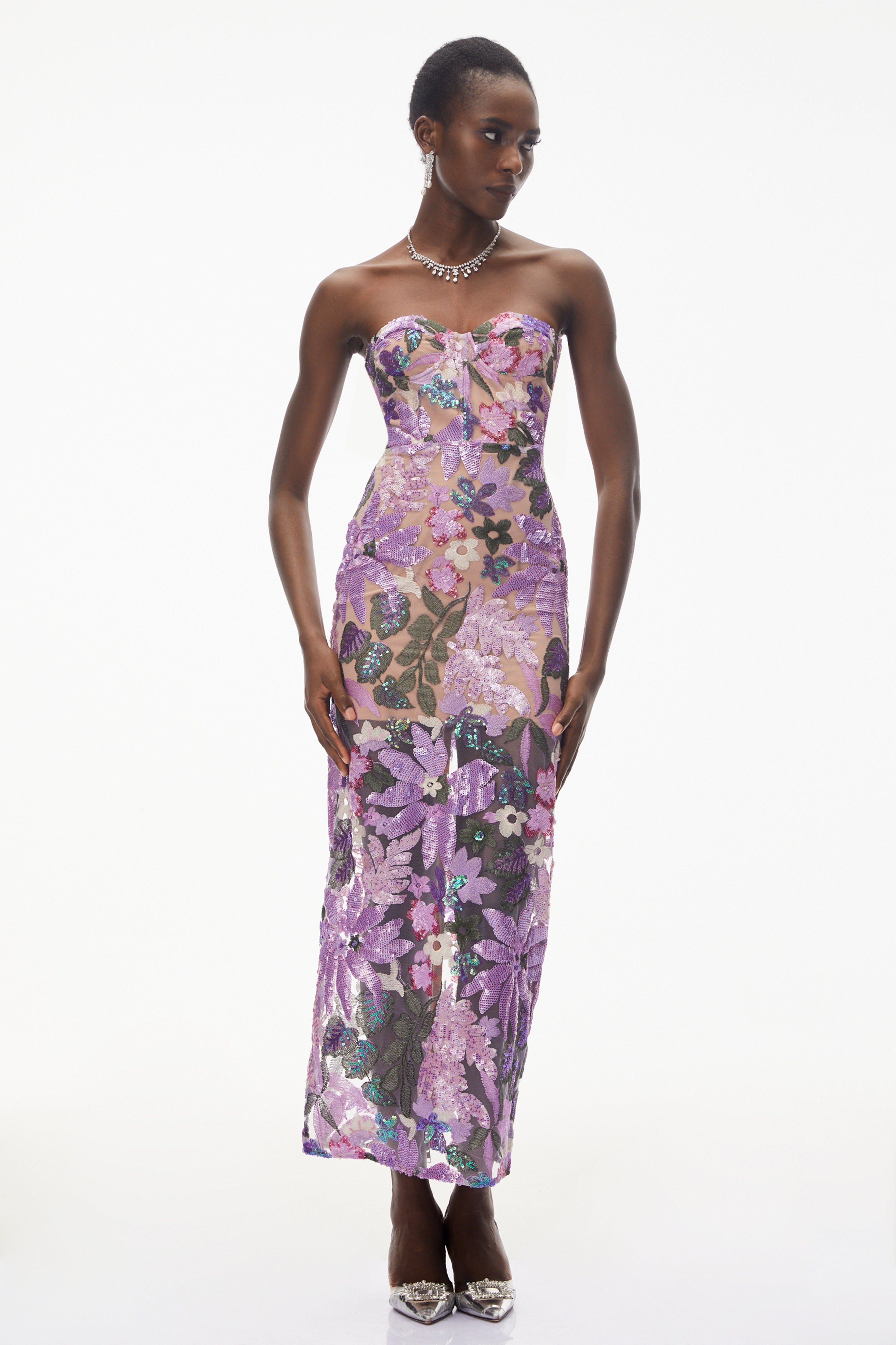 Teresa Purple Off Shoulder Floral Embroidered Maxi Dress