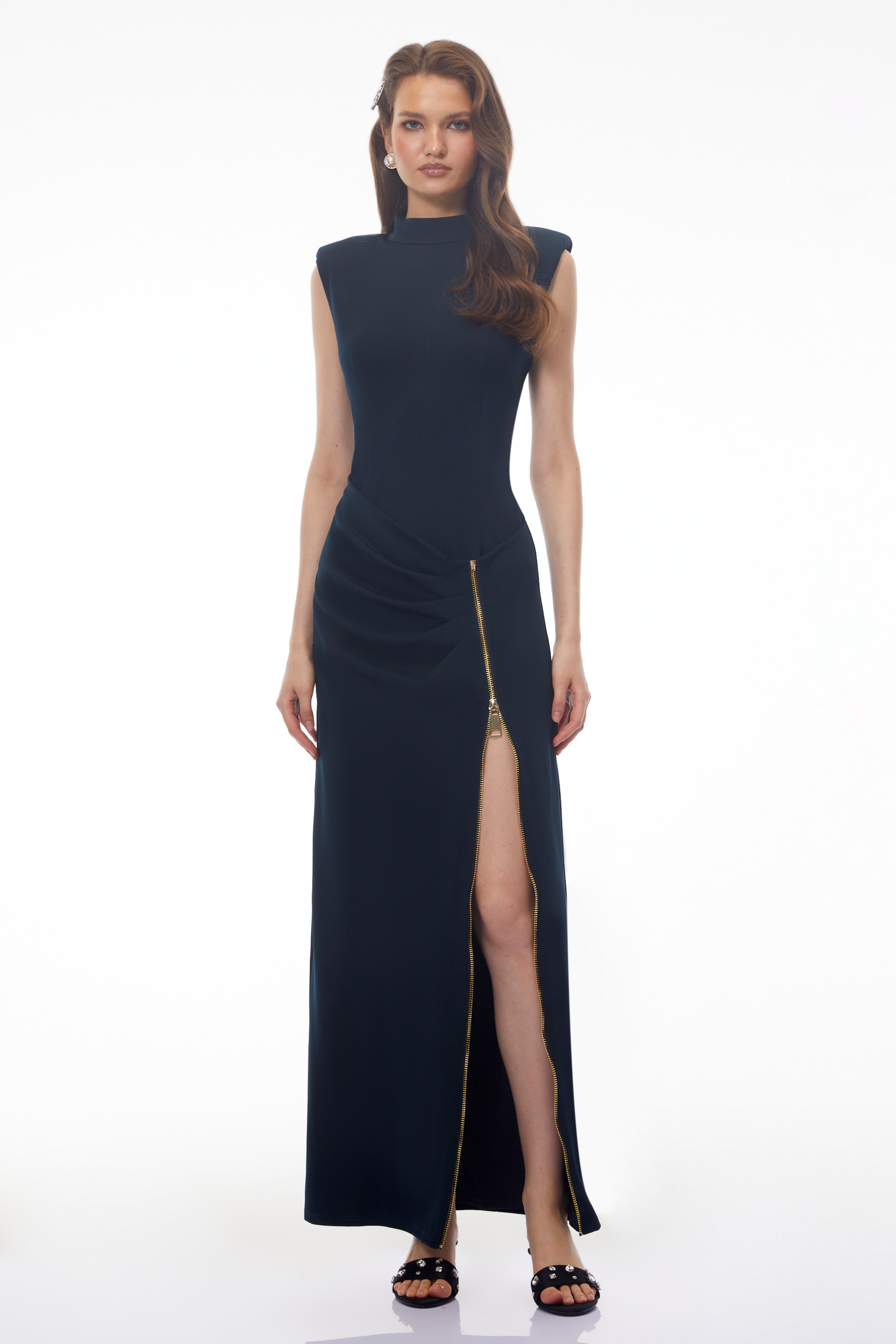 Tereza Black High Neck Maxi Dress with Zip Slit