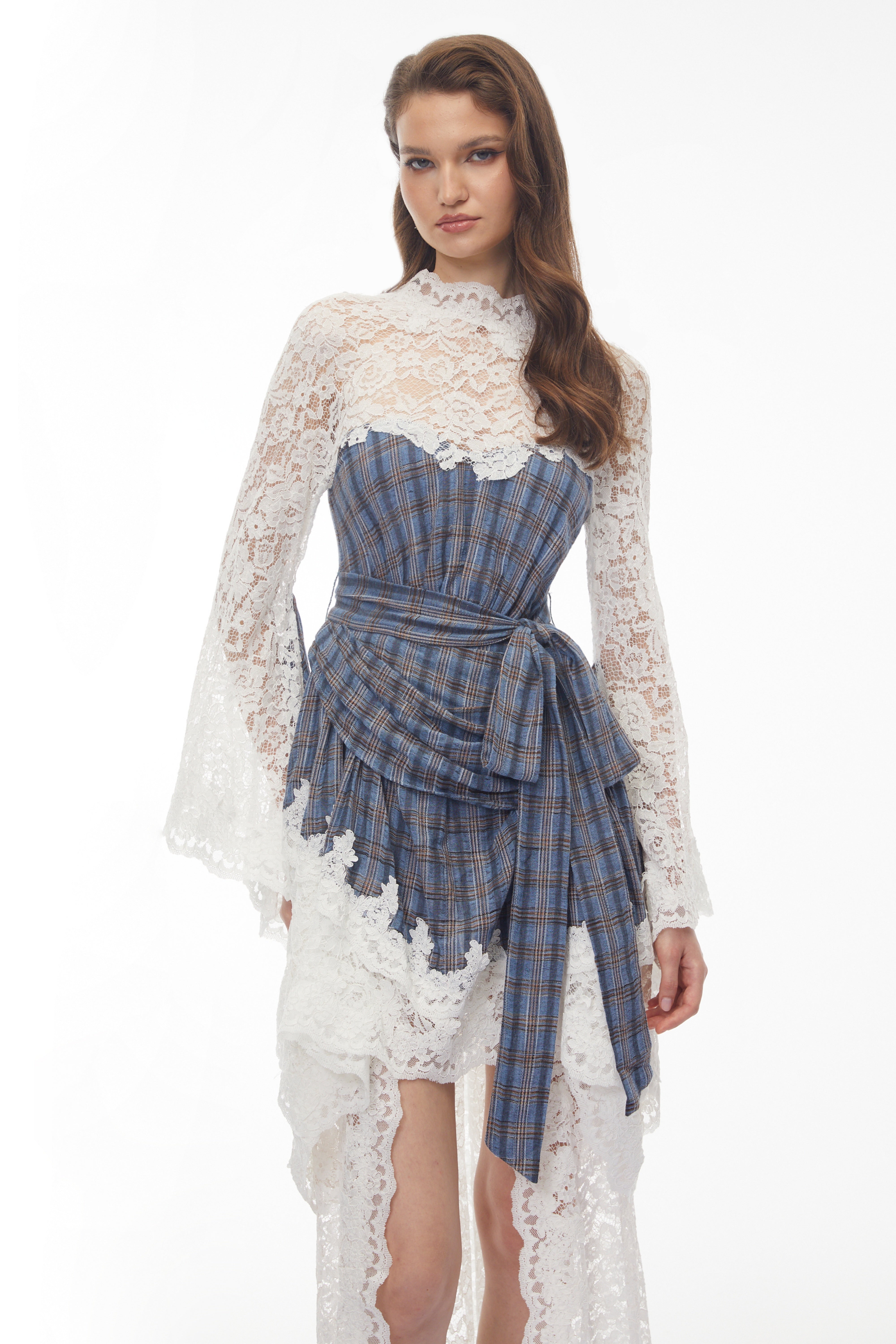 Thalassa Blue Checked Floral Lace Midi Dress