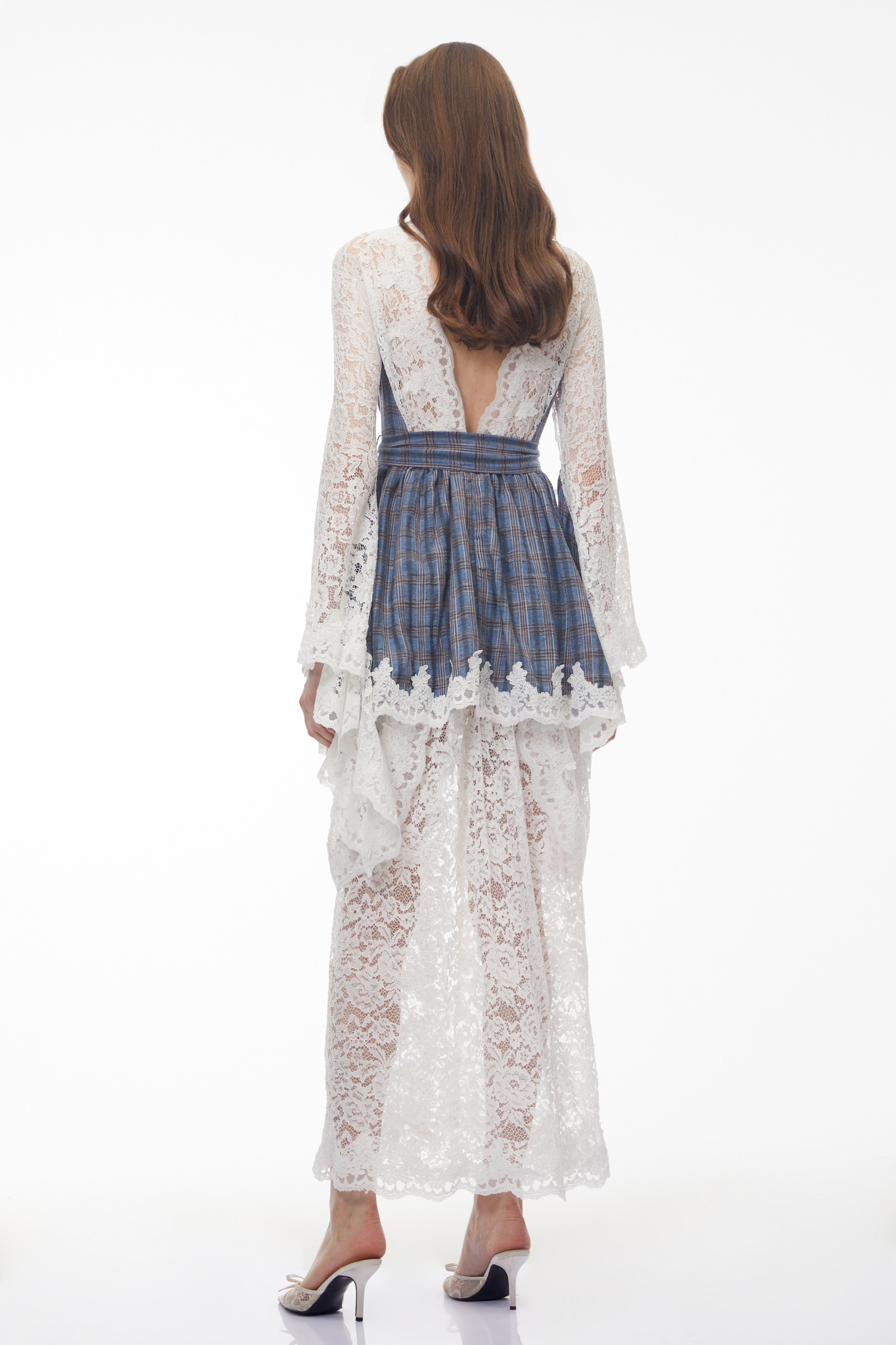 Thalassa Blue Checked Floral Lace Midi Dress