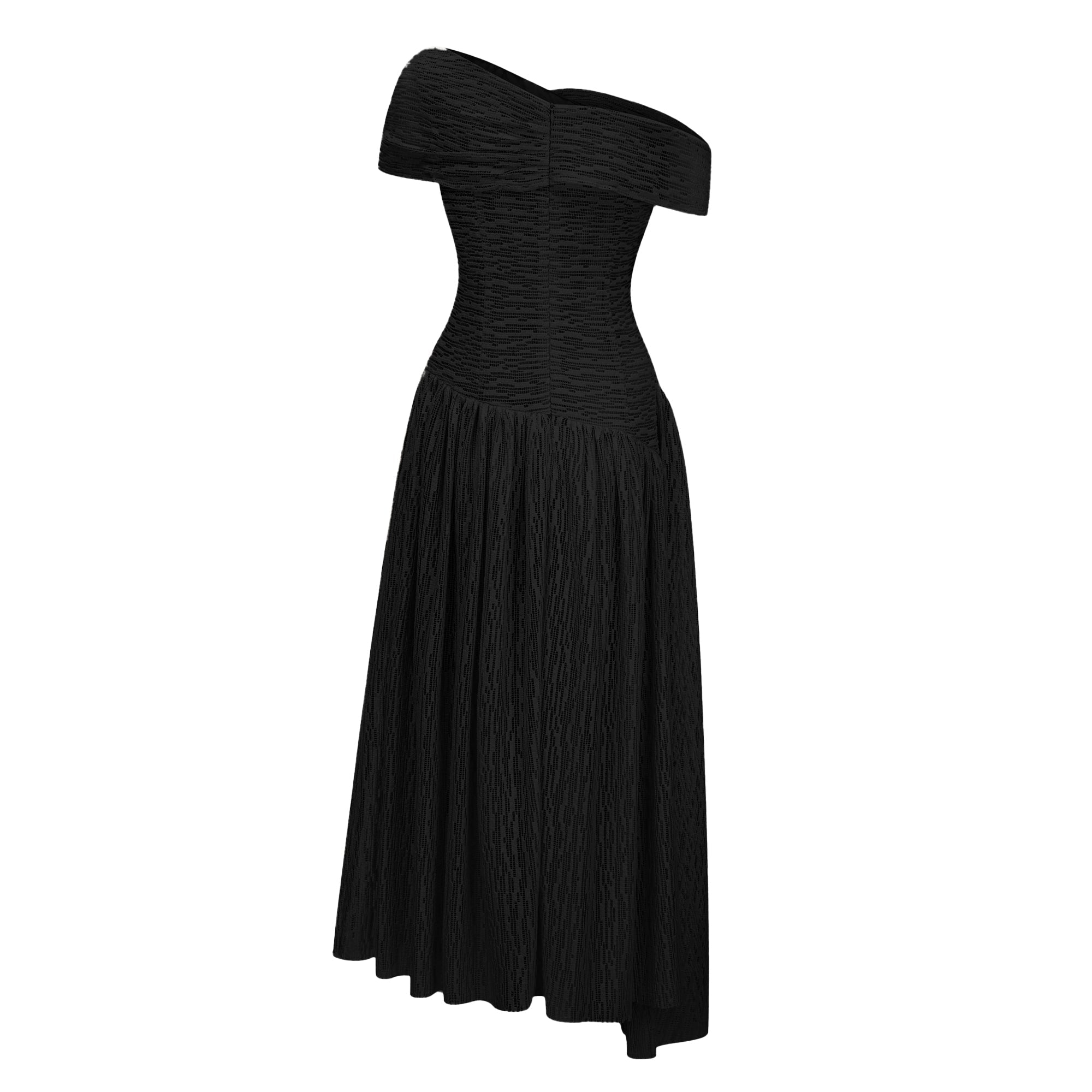 Thale Black Asymmetrical Textured Ruched Midi Dress