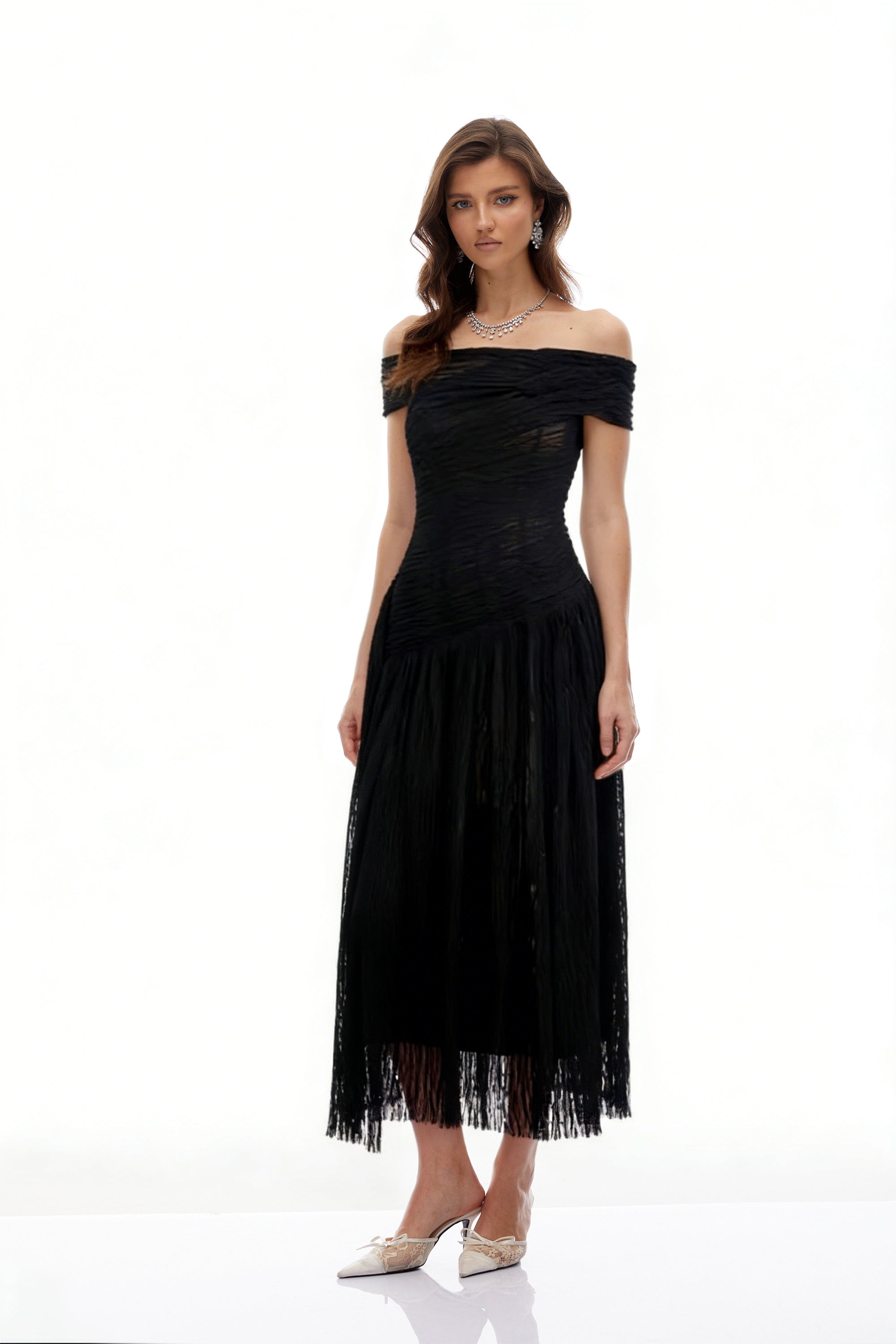 Thale Black Asymmetrical Textured Ruched Midi Dress