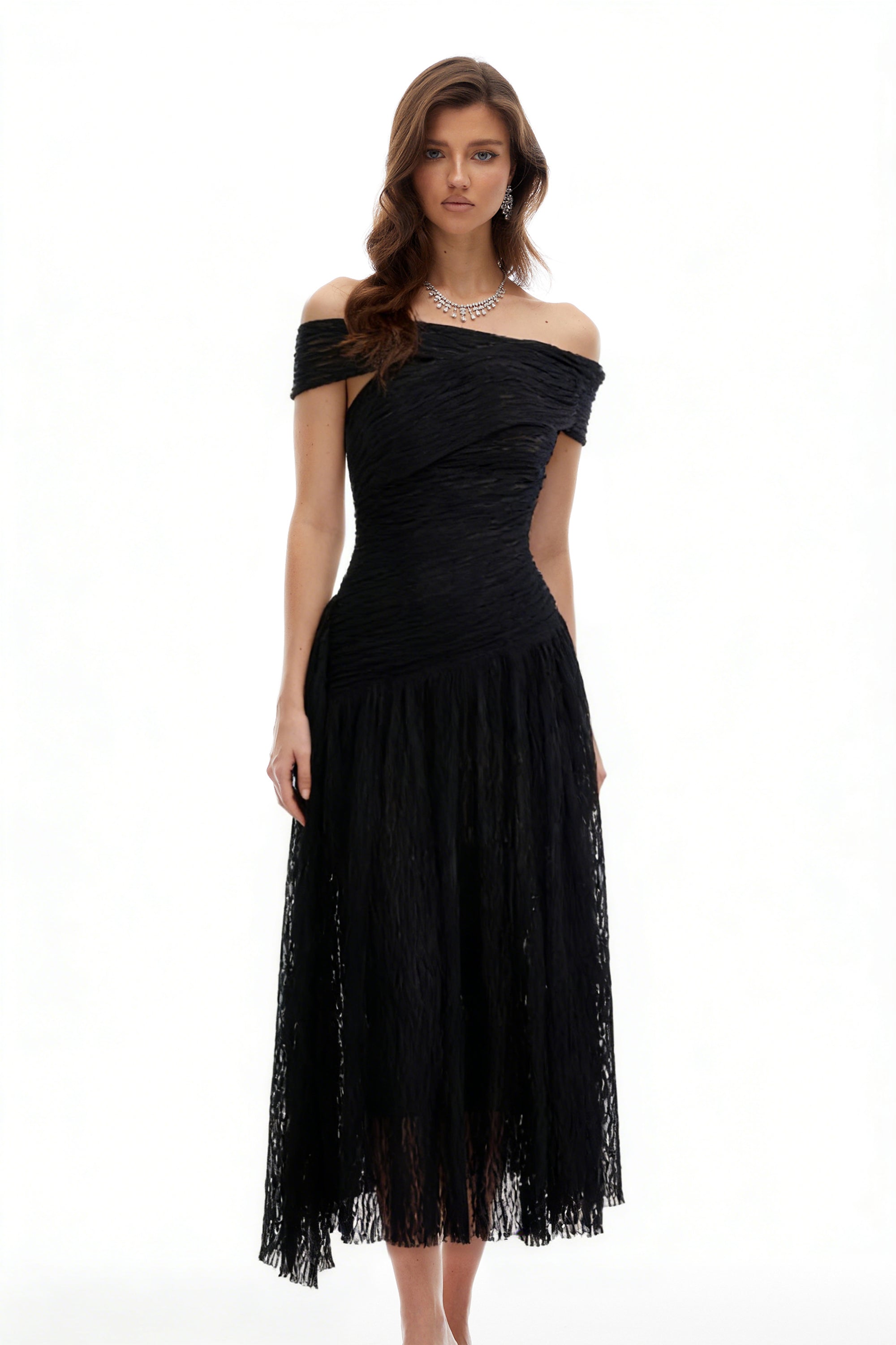 Thale Black Asymmetrical Textured Ruched Midi Dress