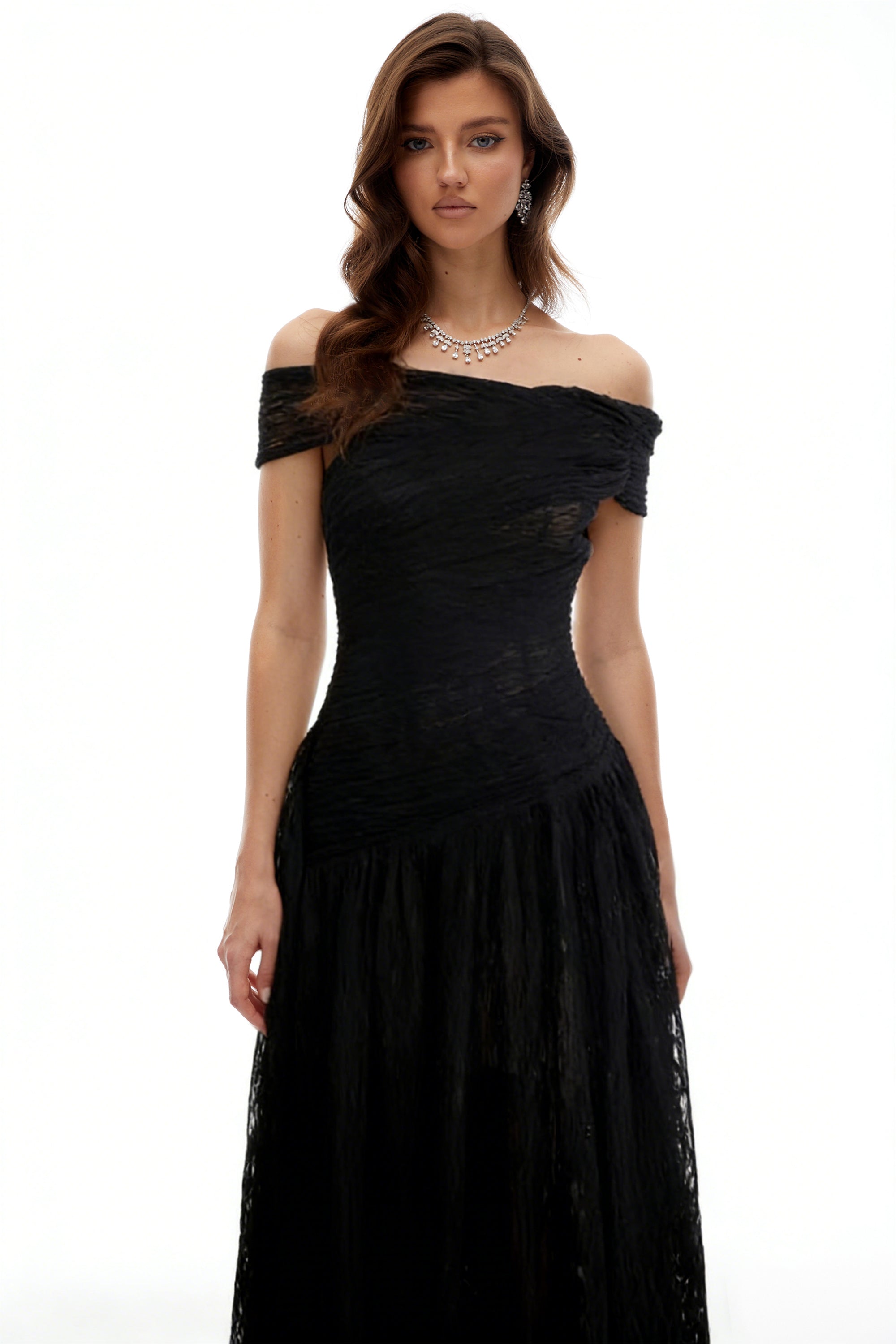 Thale Black Asymmetrical Textured Ruched Midi Dress