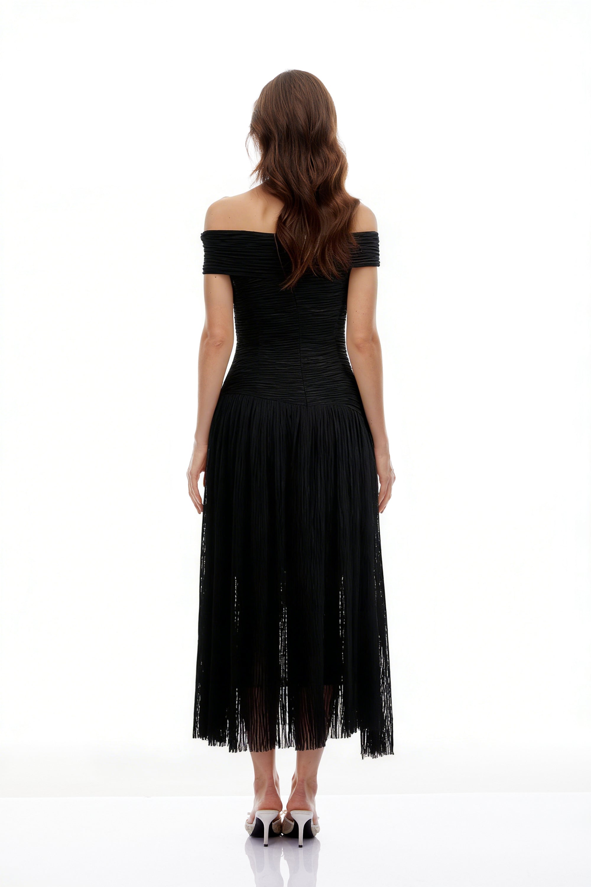 Thale Black Asymmetrical Textured Ruched Midi Dress