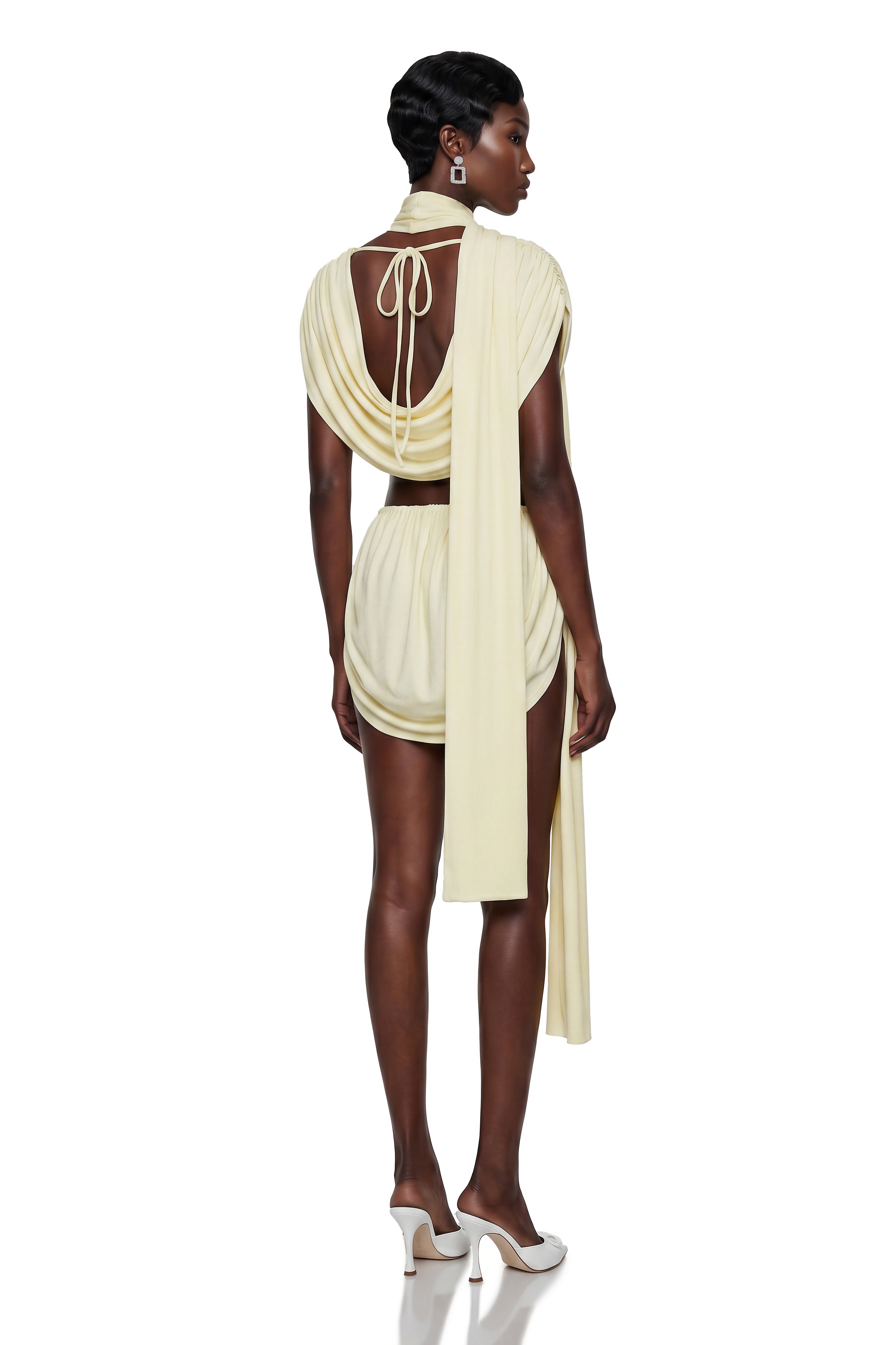 Thalora Cream Ruched Top & Skirt Set with Ribbon