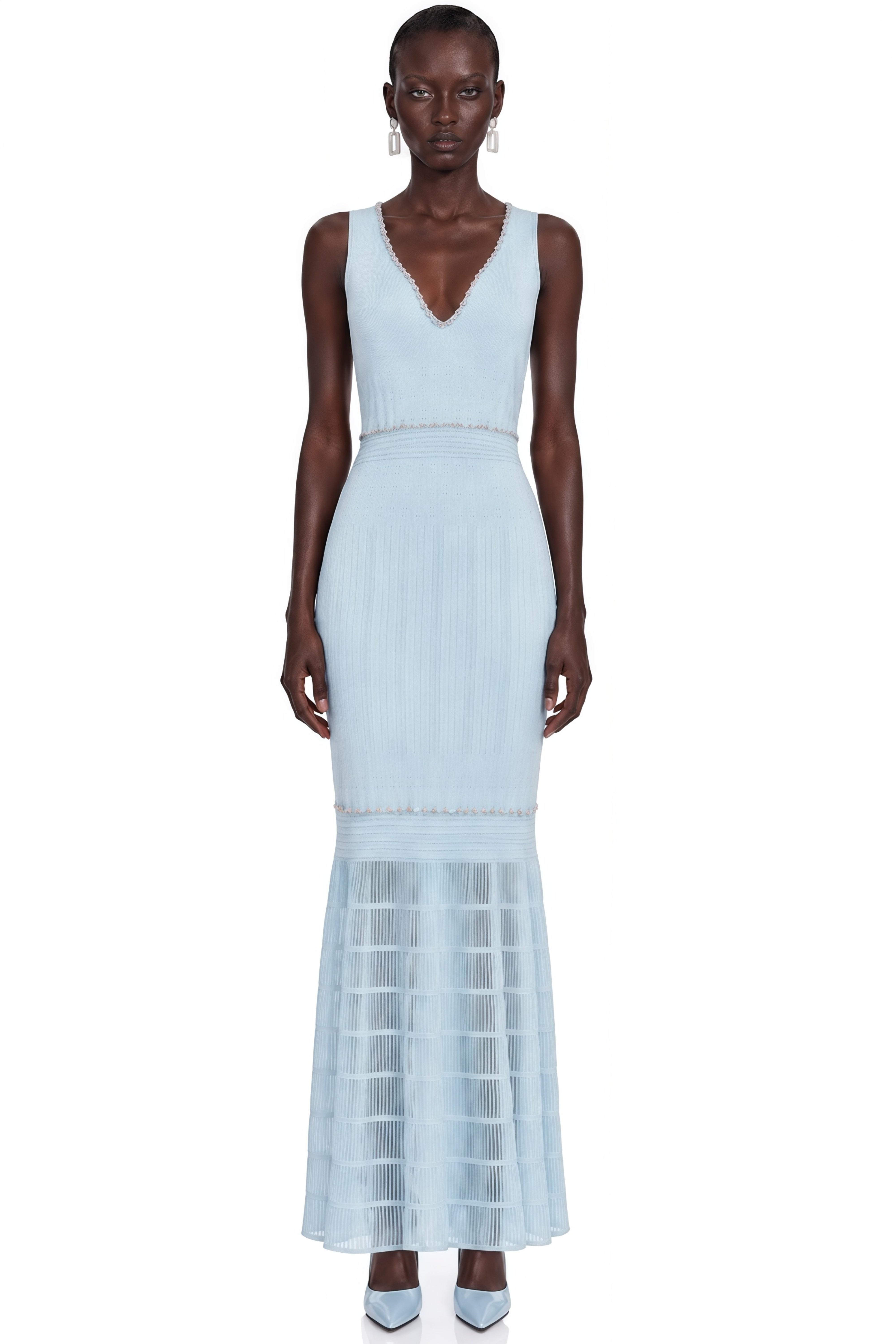 Théa Blue Embellished Mermaid Knit Maxi Dress