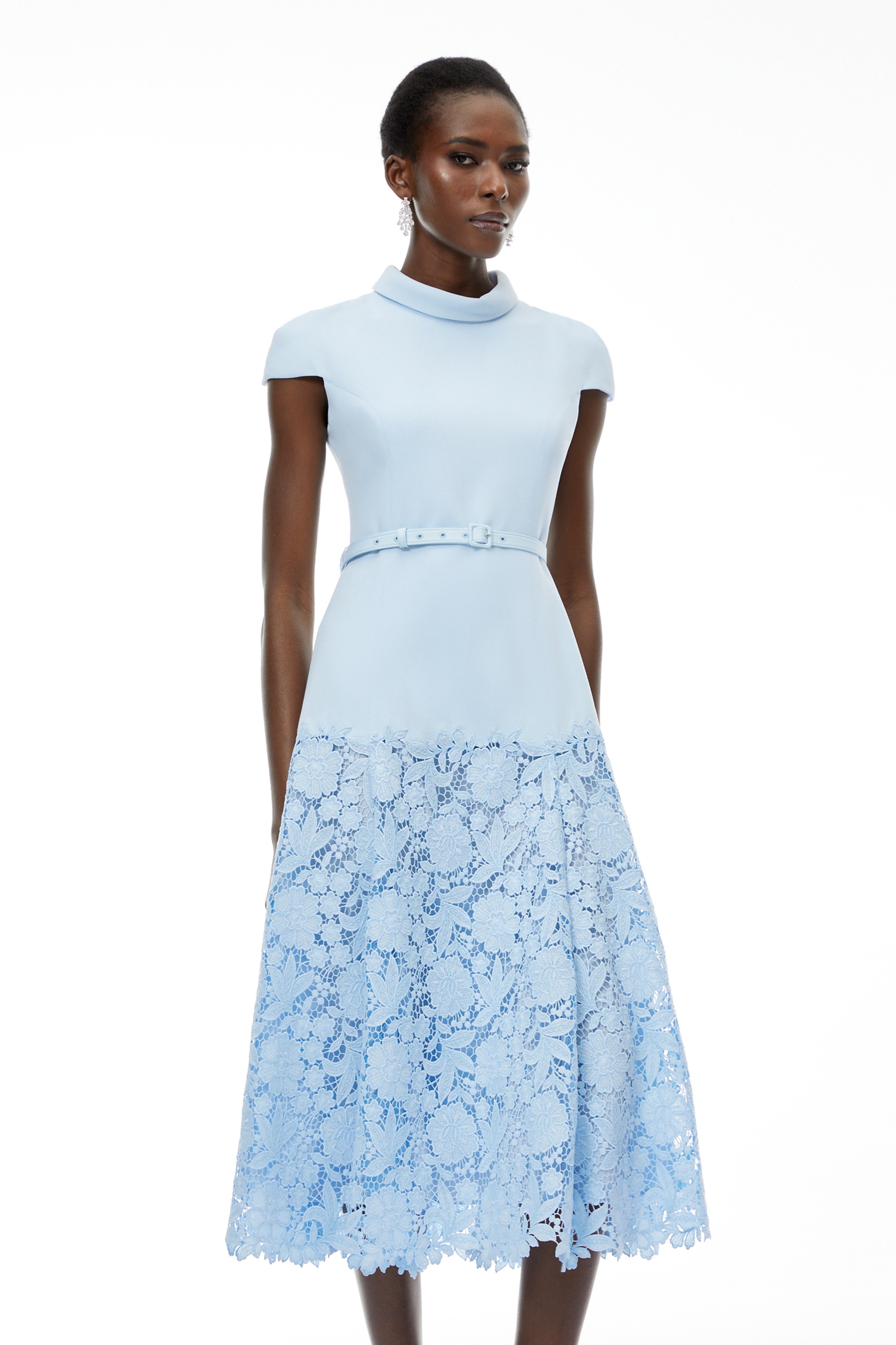 Theodora Blue Floral Lace Midi Dress Theodora Blue Floral Lace Midi Dress