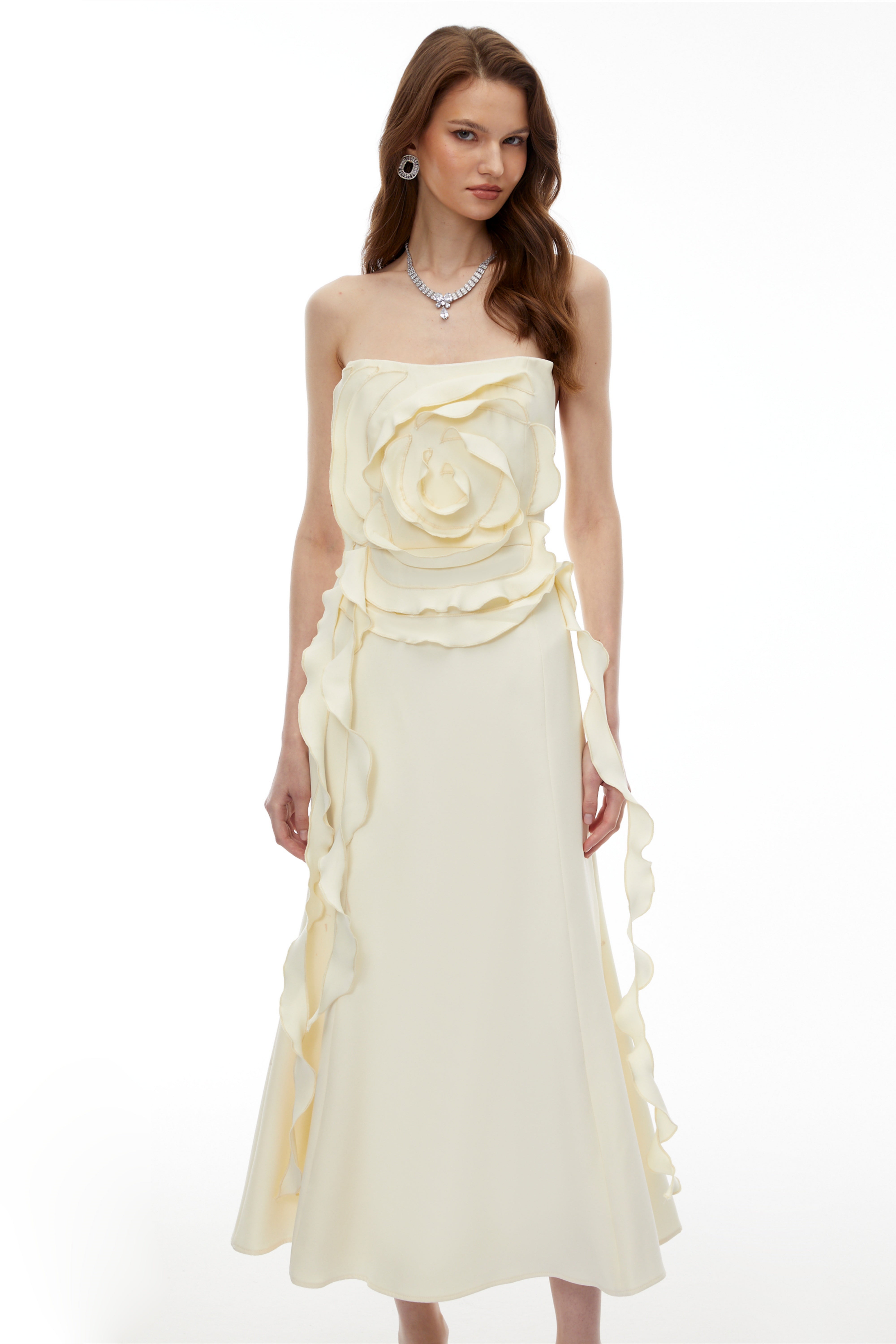 Theodosia Cream White Off Shoulder Maxi Dress with 3D Petals
